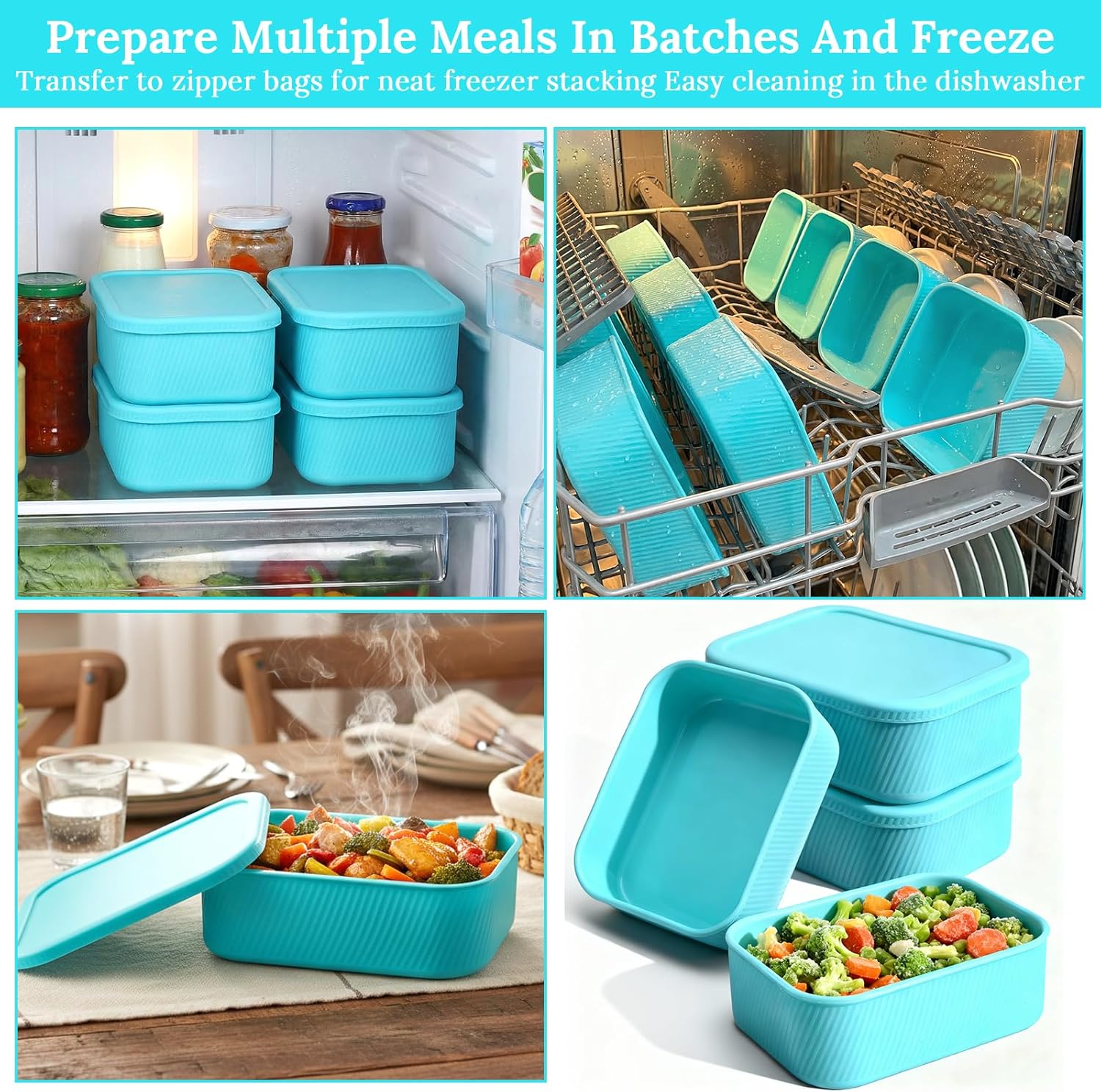 4 Pcs 6 Cups Silicone Freezer Trays with Lid Reusable Soup cubes Soup Containers Freezer Molds, Microwave Oven Dishwasher Safe, Leakproof Stackable BPA Free Food Storage, Lake Blue