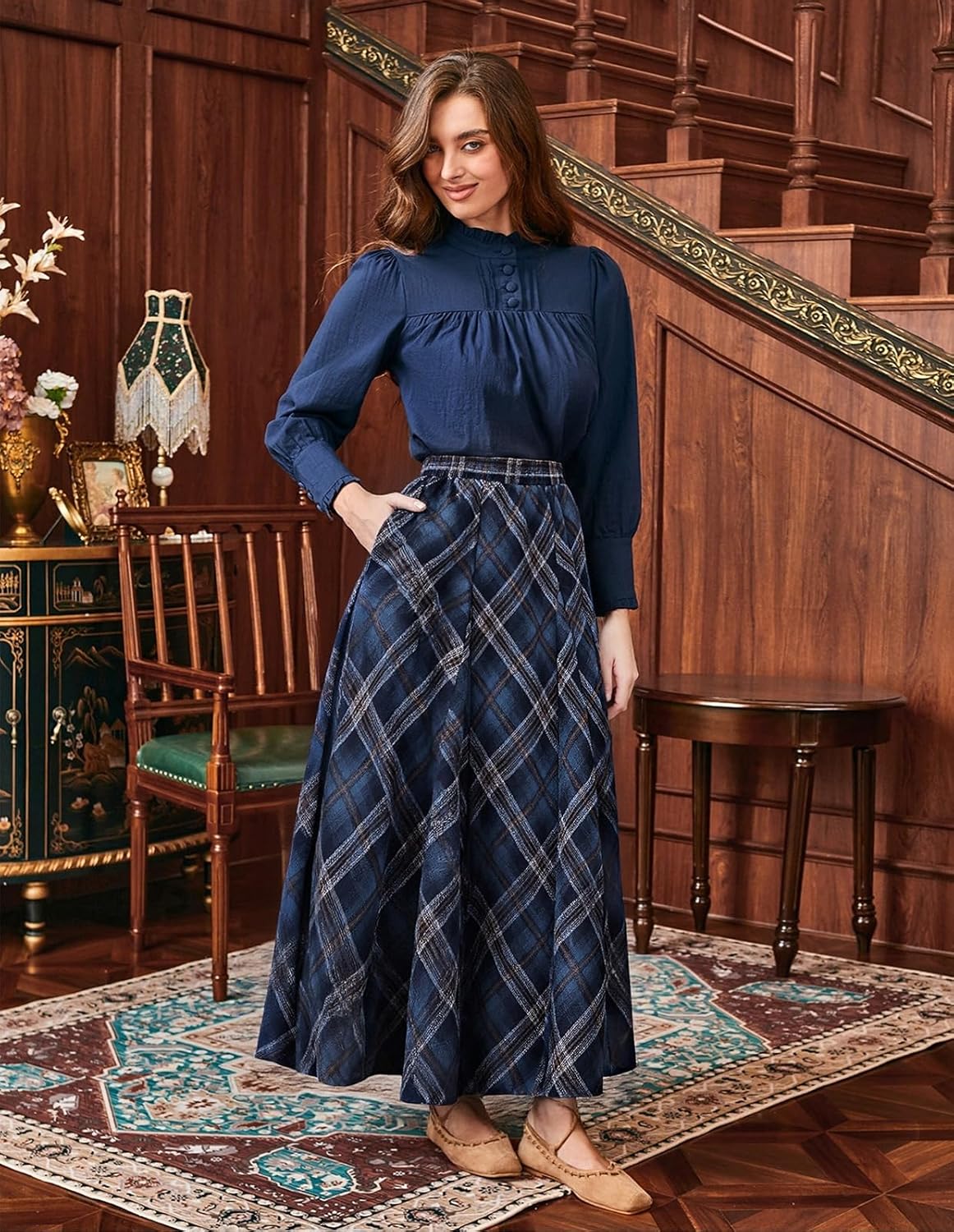 Scarlet Darkness Long Plaid Skirts for Women High Waist A Line Pleated Fall Maxi Skirts - Image 2