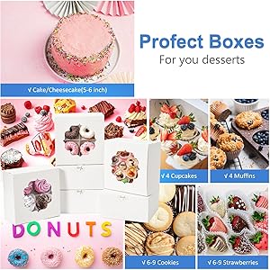 Shallive 8 Pcs Bakery Boxes 6-In with Windows, Cookie Boxes White for Chocolate Covered Strawberries, Treats, Donuts, Cupcakes, and Candy Gift Giving 6x6x3 Inch