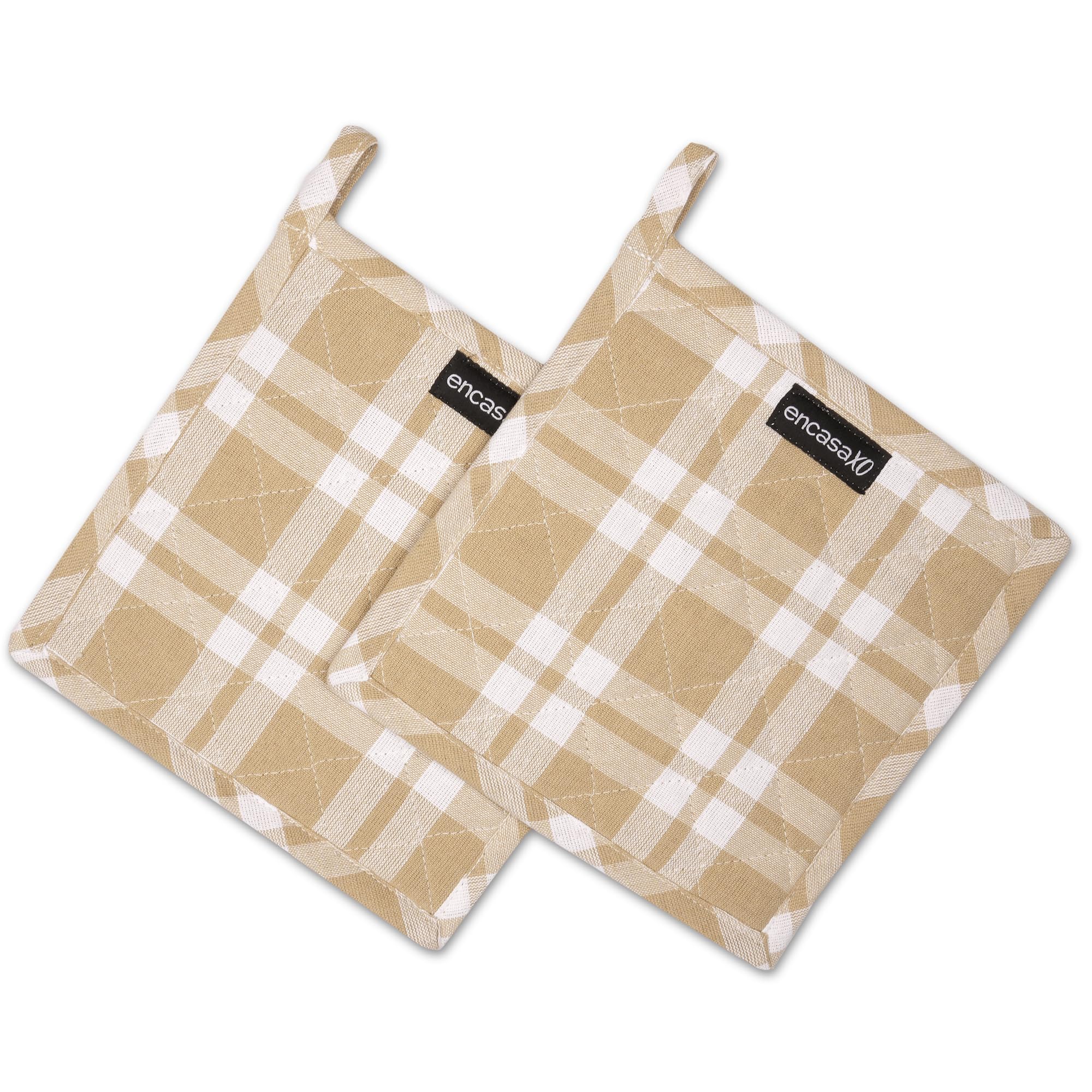 Encasa XO 21 cm Oven Microwave Potholders (2 pc Set) for Kitchen Cooking & Baking - Heat Resistant, Thick & Safe, Protection of Hands from Hot Utensils - Franca Beige Checks