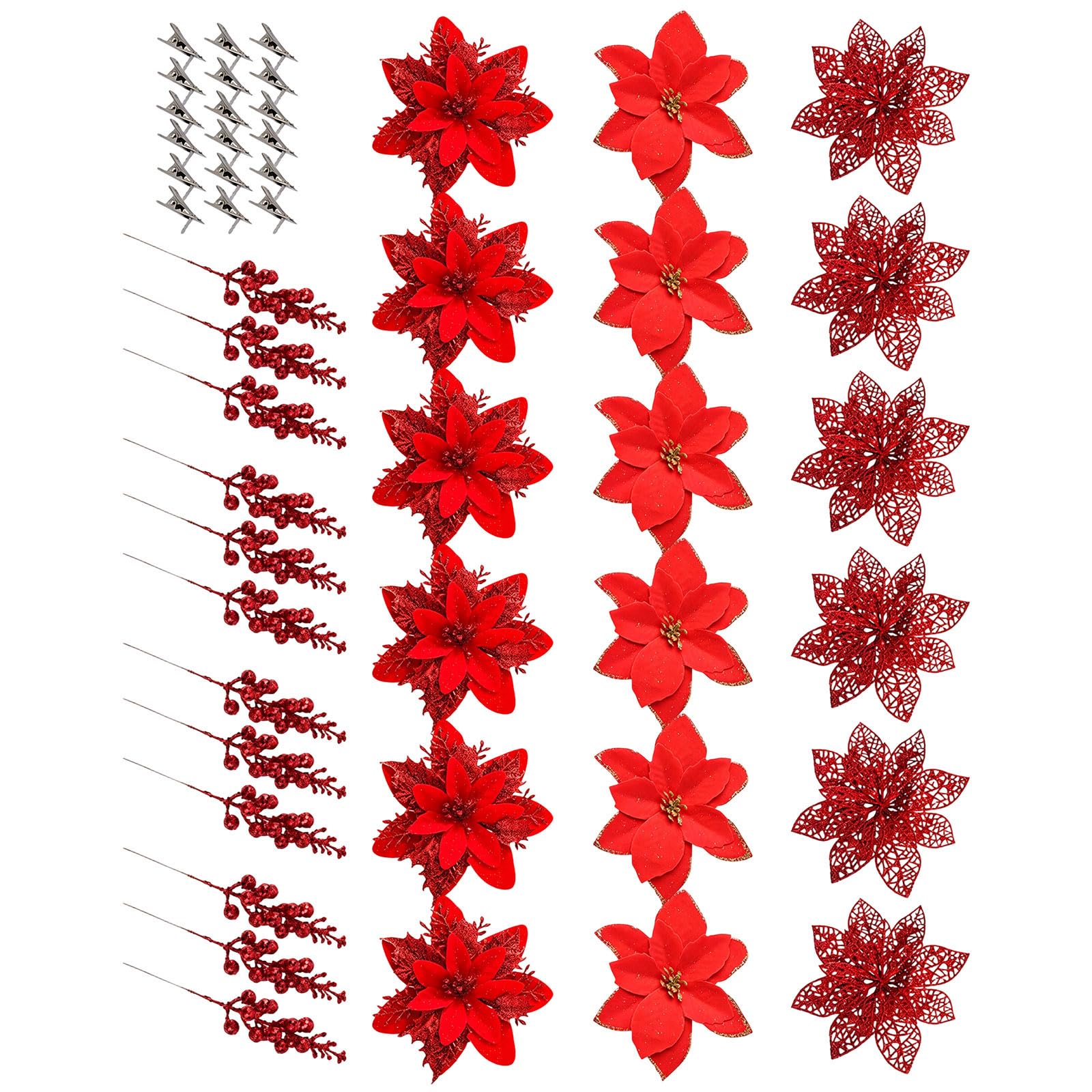 Holiday Poinsettia Ornament Clips, Glittered Fabric Floral Set for Mantels, Doorways, Trees, Retail Display Use Clip on Poinsettia Decorations Holiday Flower Clips Wreath Tree Mantel Doorway Wall Shop