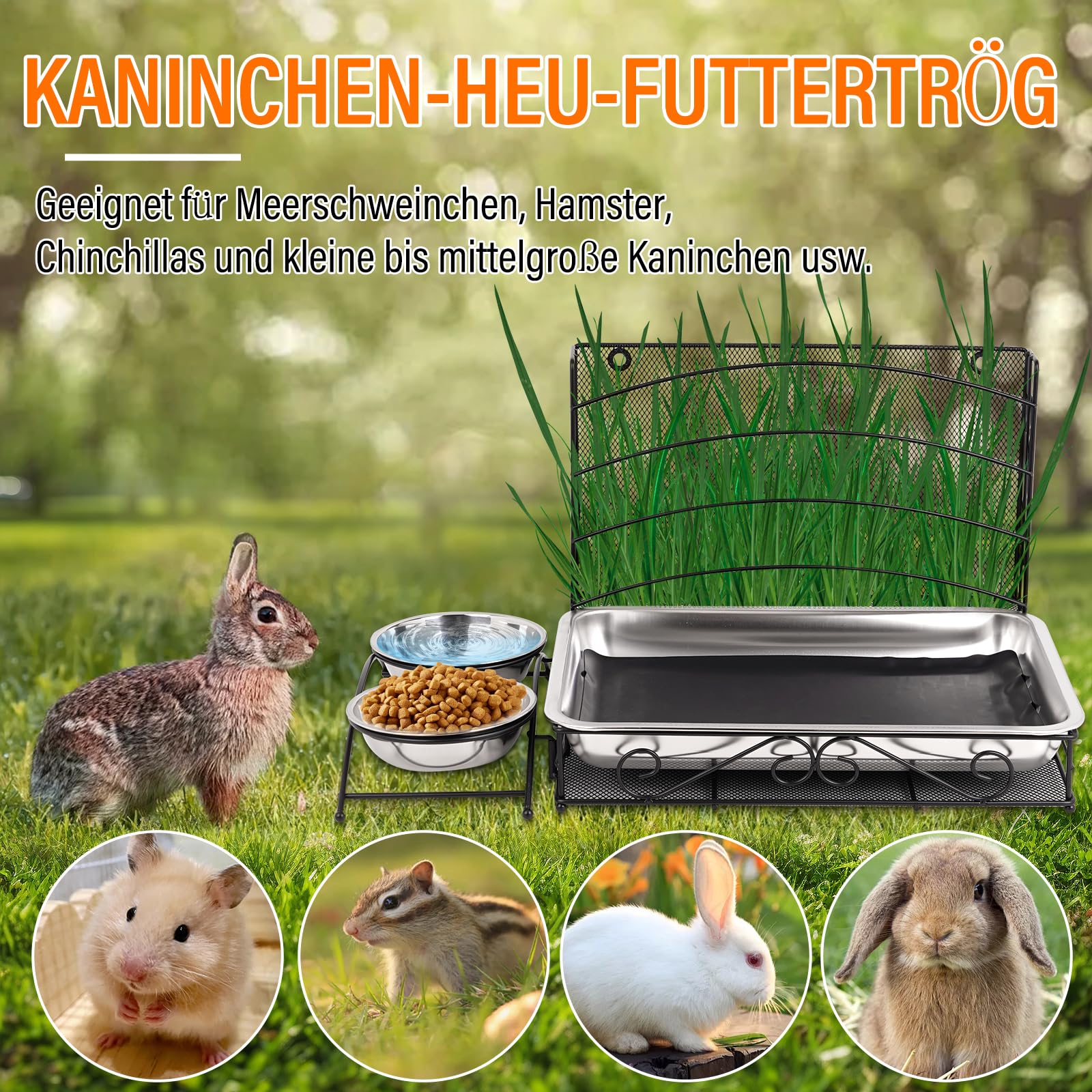 3 In 1 Kaninchen Heufutterspender und Kaninchenklo, mit Wasserdichter Matte und Futterschale für Meerschweinchen Hamster Futterspender Katzentoilette Schalenhalter