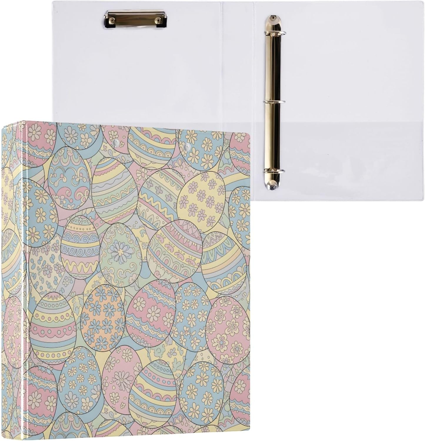 Happy Easter Eggs Design 3 Ring Binders, 1.5” Round Ring Binders with Clipboard - Letter Size, 3 Interior PVC Clear Pockets & Anti-Slip Clip for Office School Supplies, 2PCS