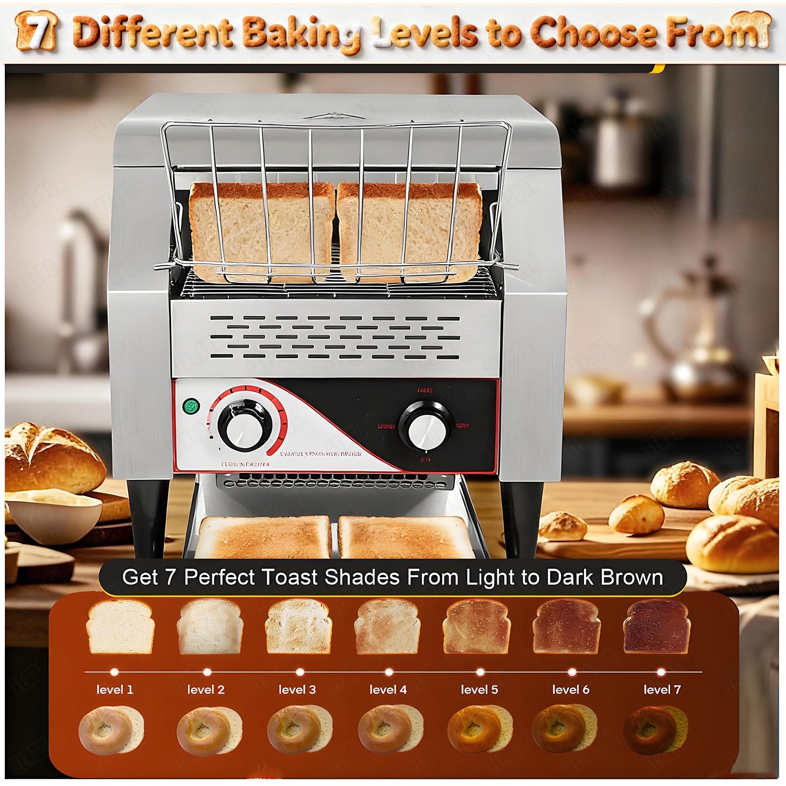 Tostapane professionale a nastro inox 150/300/450 fette/ora, 7 velocità regolabili, ideale per croissant, panetterie e caffetterie(150 Slices/H)