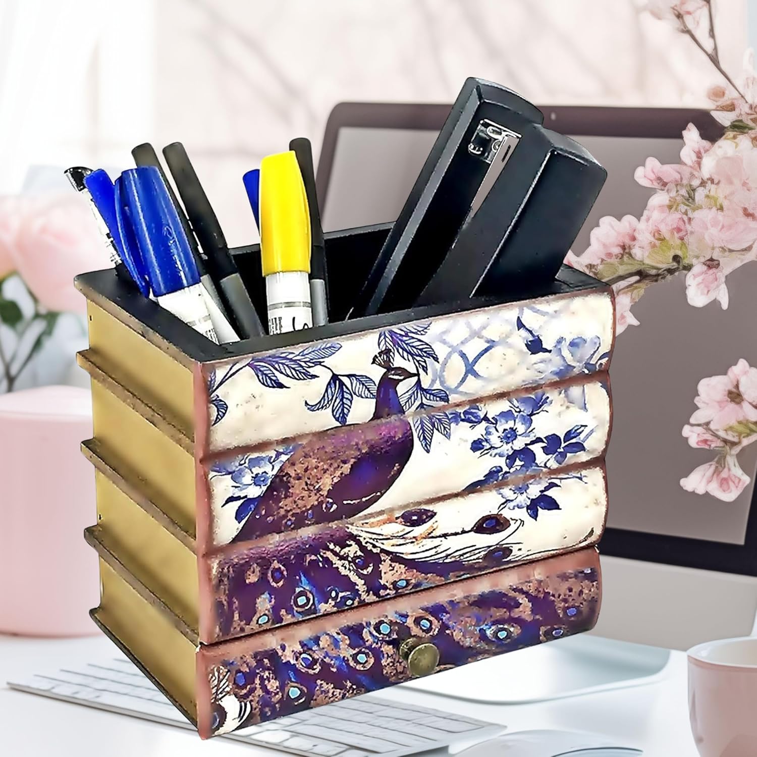 Bellaa 22494 Portalápices para teléfono celular, organizador de escritorio, oficina, contenedor, taza, multiusos, envejecido, retro, rústico,