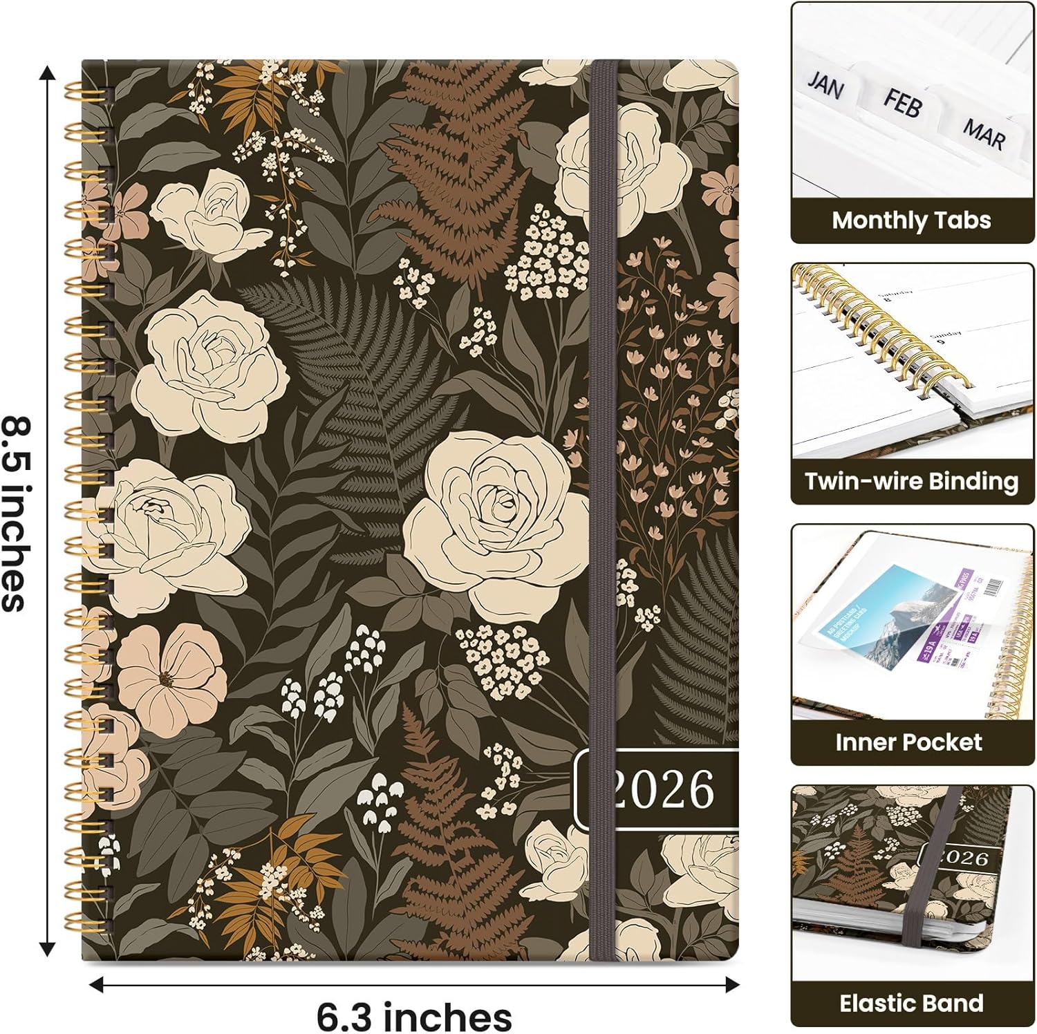 2026 Planner, Weekly and Monthly Calendar Planner for Women, Jan 2026 - Dec 2026, Hardcover Planning Agenda book with Tabs, Spiral Bound, Inner Pocket, Perfect for School Office Supplies, 6.3 x 8.5 - Wild Rose