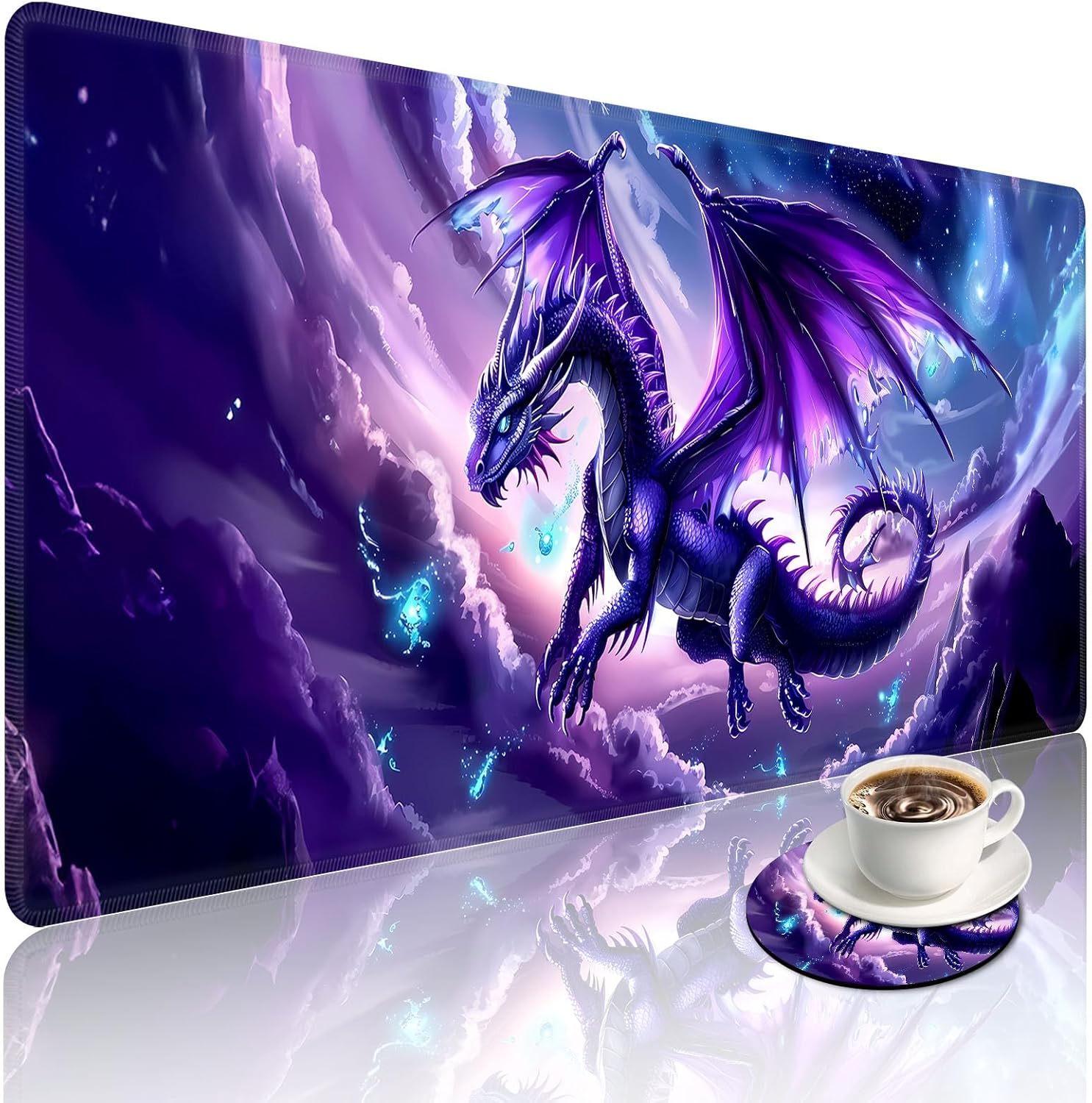 Large Desk Mat with Stitched Edges, Purple Dragon Office Desk Pad, Anime Gaming Mouse Pad, Extended Keyboard and Mouse Mat,31.5x11.8 inch Waterproof Desk Writing Pad for Office and Home