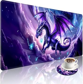 Large Desk Mat with Stitched Edges, Purple Dragon Office Desk Pad, Anime Gaming Mouse Pad, Extended Keyboard and Mouse Mat,31.5x11.8 inch Waterproof Desk Writing Pad for Office and Home