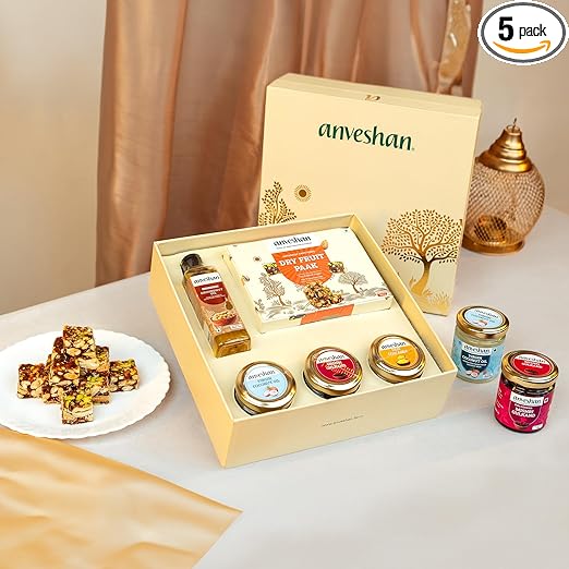 Anveshan Premium Diwali Sweet Gift Gift Box - Dry Fruit Paak, A2 Desi Cow Ghee, Wood-Pressed Groudnut Oil, Cold Pressed Virgin Coconut Oil & Mishri Gulkand | Diwali Gift Box | Premium Gifting