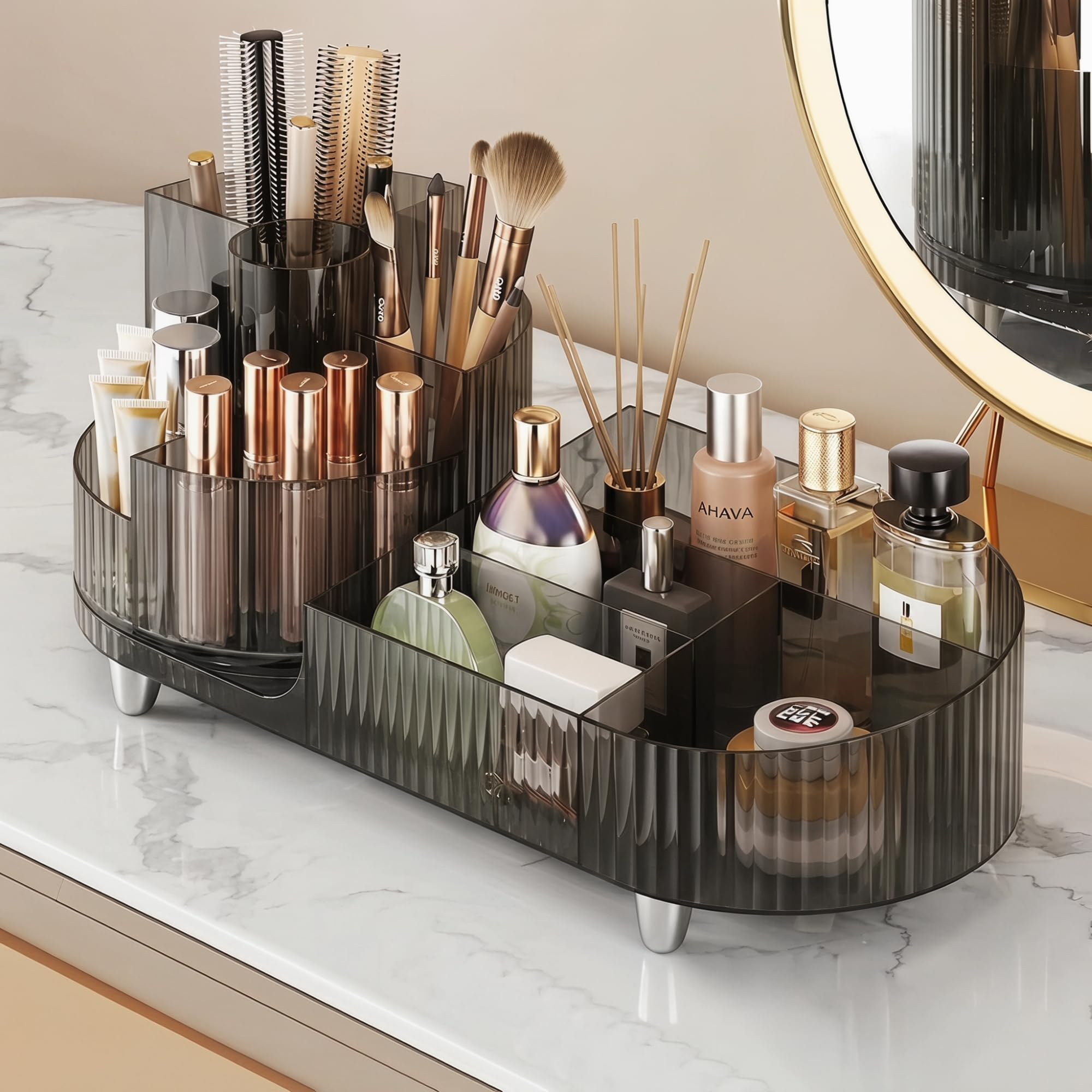 Booklov Modern Elegant Make-up-Organizer, Kosmetik-Display-Case, Schwarz, Poliert, 360° drehbar, 9 Fächer, für 30 Kosmetikartikel, Hochwertiges PET-Material, Tischplatte, 1 Stück
