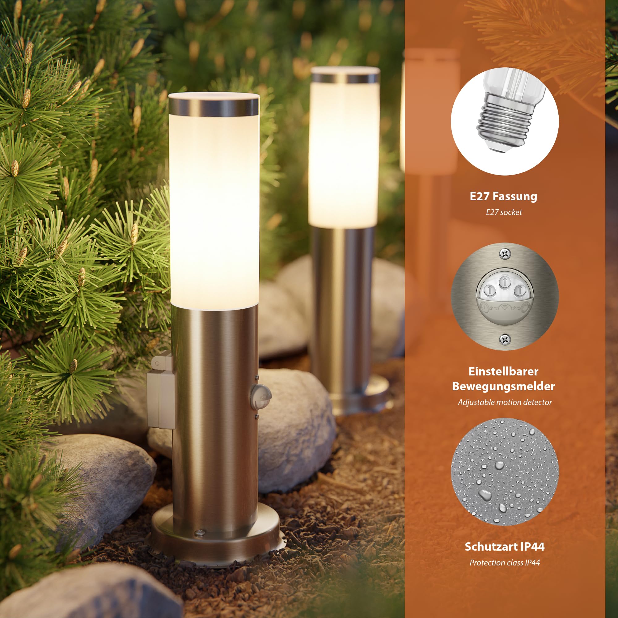 ledscom.de Borne d'éclairage PORU Capteur pour l'extérieur, 38cm, inox, prise de courant, ampoule E27 471lm incluse, blanc extra-chaud