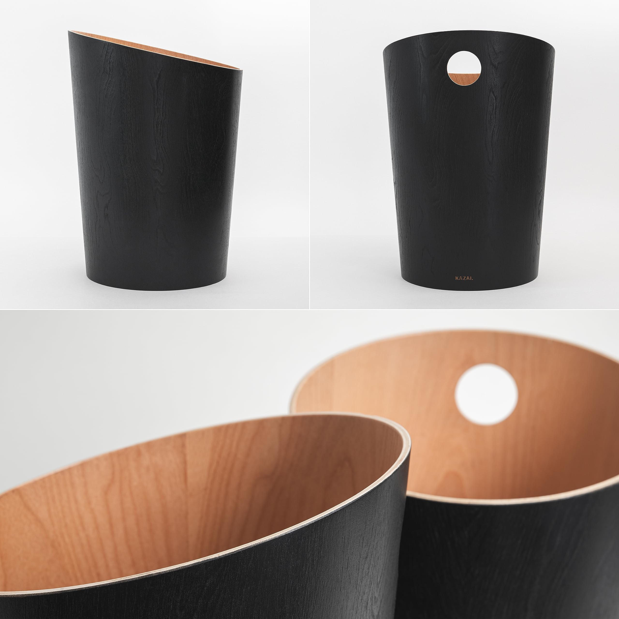 Kazai. Design-Papierkorb 'Bennet' | Einzigartiges Design für Büro, Schlafzimmer, Kinderzimmer u.m. | Mülleimer aus Echtholz-Veneer | Schwarz