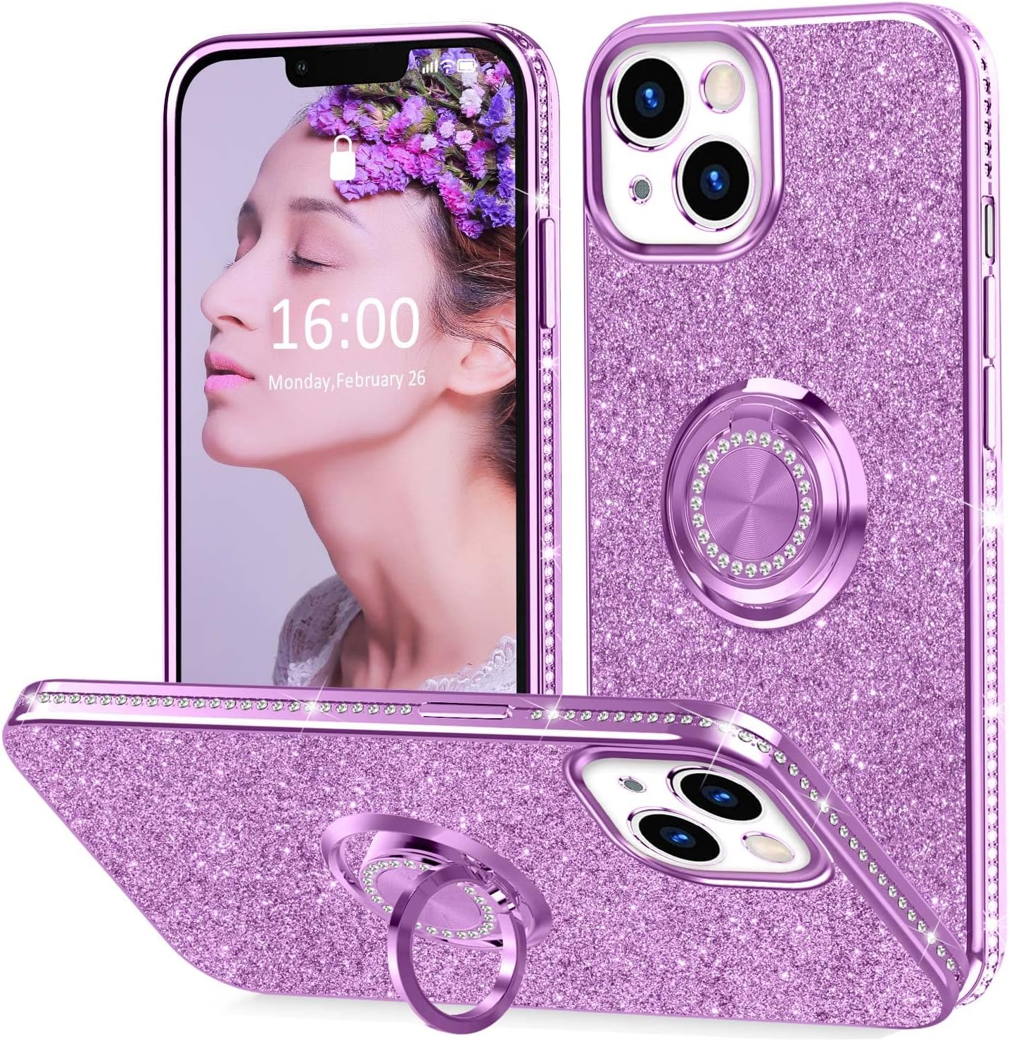 Thomo Compatible with iPhone 13 Bling Stand Case 6.1 inch (Purple)