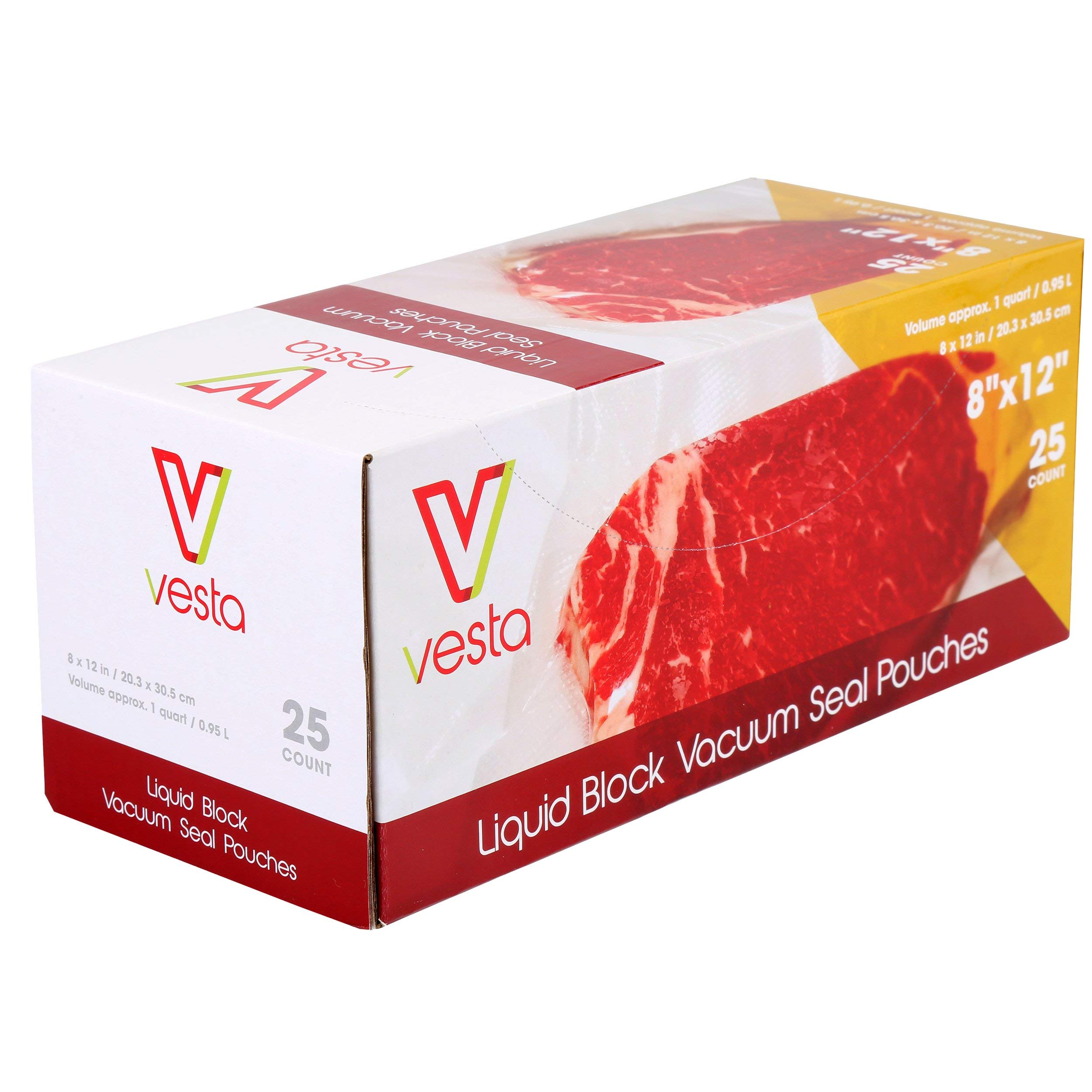 Vesta Precision Liquid Block Vacuum Seal Pouches - Clear and Embossed Vacuum Sealer Bags - Great for Food Storage and Sous Vide - 8 x 12 inches - 25 Vacuum Seal Bags Per Box