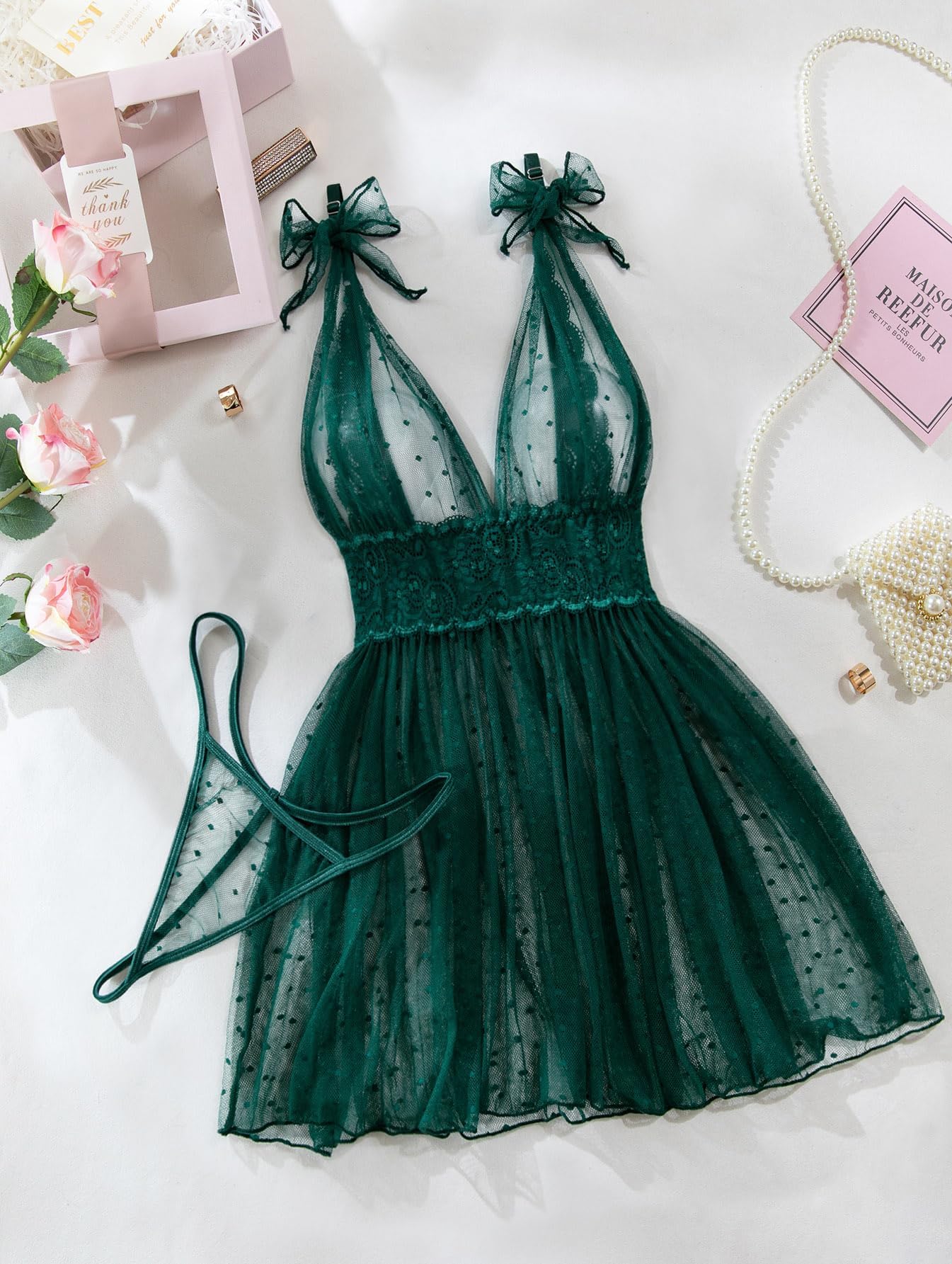 Lilosy Sexy Polka Dots Mesh Sheer Lace Babydoll Chemise Lingerie Set Floral Sleep Wear: X-Large Army Green