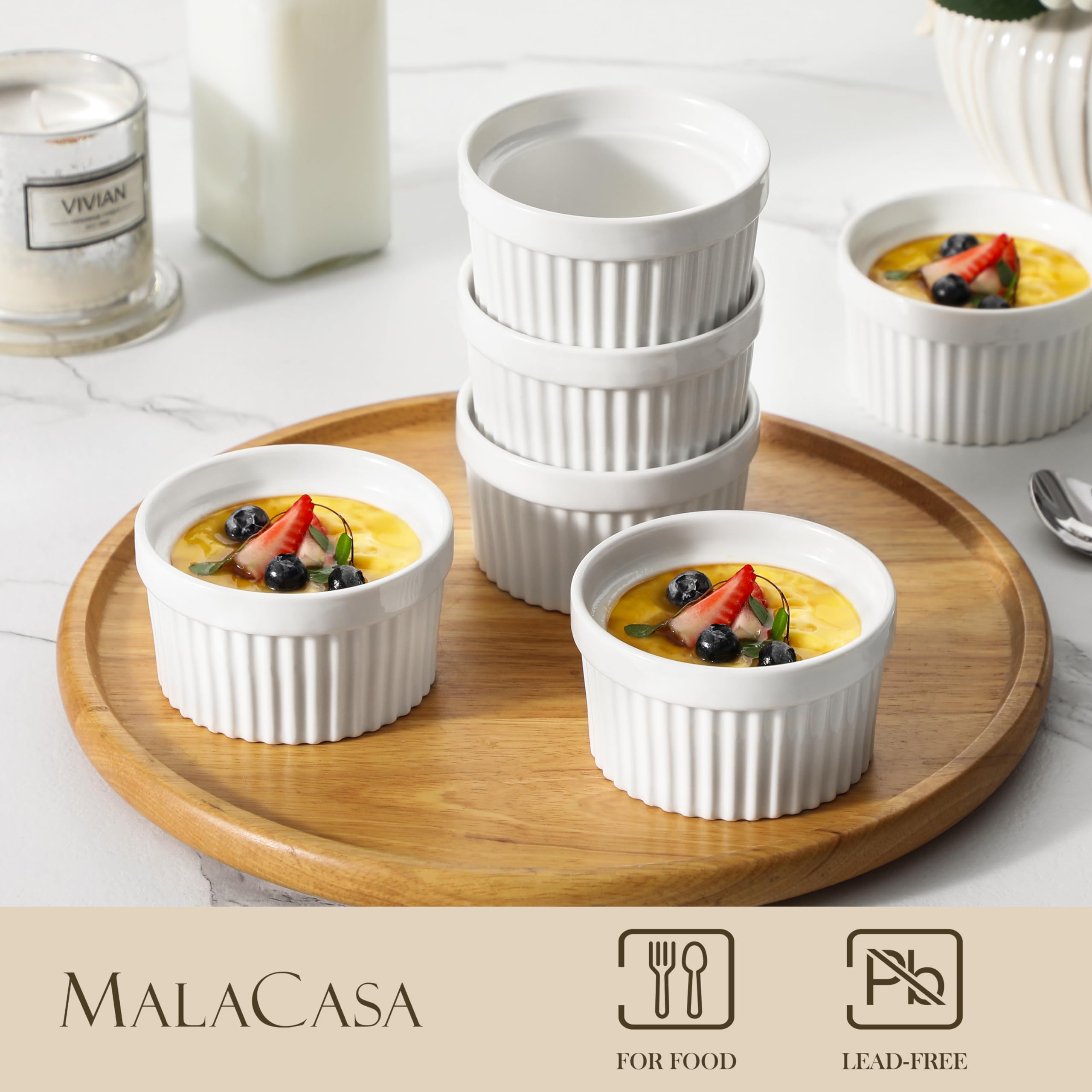 MALACASA Set di 6 Pirottini per Soufflé 180 ml, Ø 9,5 x 5,4 cm, Ciotoline e Stampini Rotondi da Forno in Porcellana per Dolci, Soufflé, Merenda e Snack, Bianchi, Adatti a Lavastoviglie e Microonde