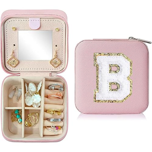 Teen Girl Gifts Trendy Stuff Travel Jewelry Case Jewelry Organizer Box, Jewelry Boxes Travel Essentials for Women Girls, Small Jewelry Box with Mirror Initial B