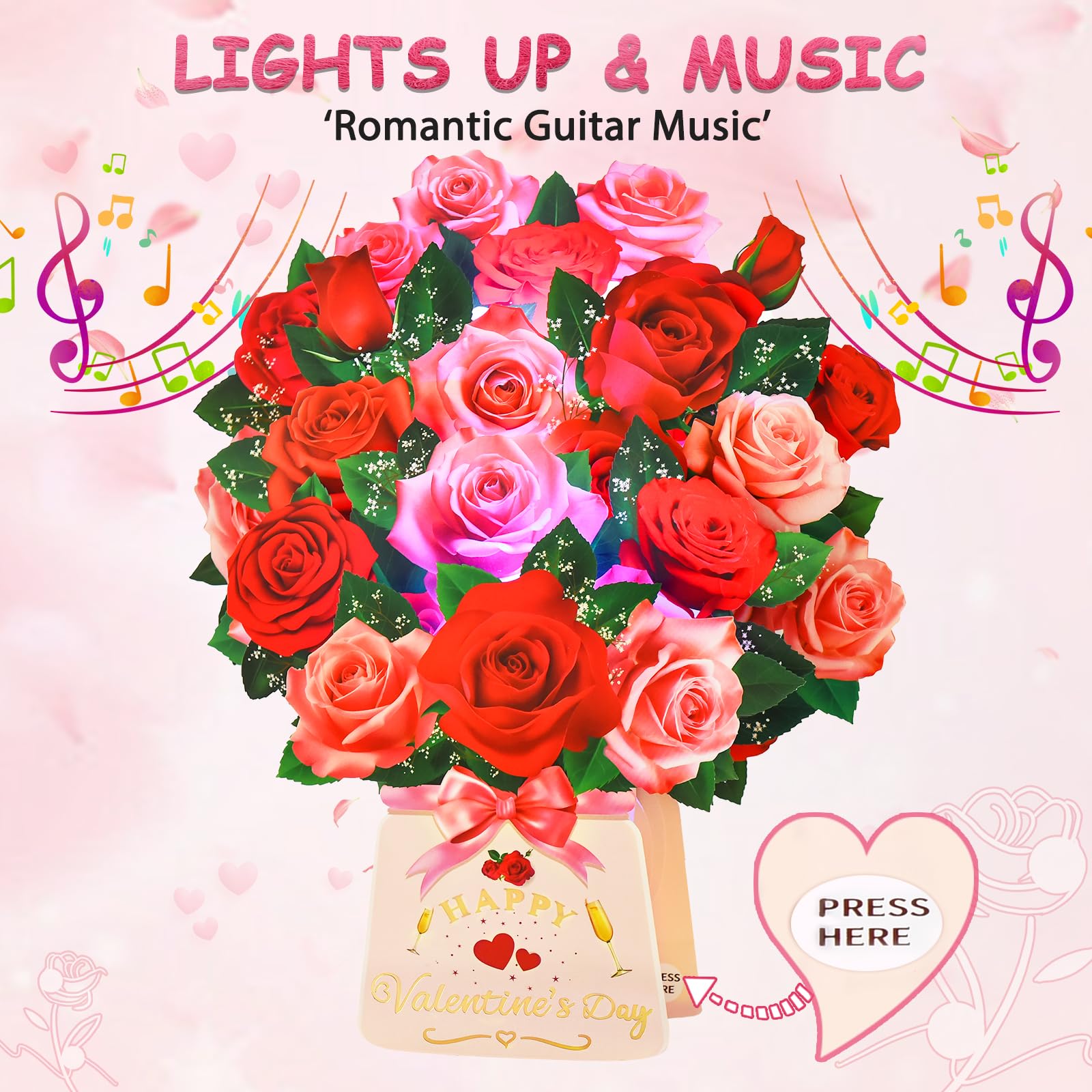 Tarjeta de felicitación desplegable para el día de San Valentín con luz y música, ramo de rosas 3D de papel de 12 pulgadas con sobre, tarjetas de feliz día de San Valentín para esposa, tarjeta