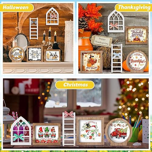 Miniatura 2 de Bencailor Juego de 48 piezas intercambiables de decoración de bandejas escalonadas de temporada, incluye marcos de madera con escaleras, tarjetas,