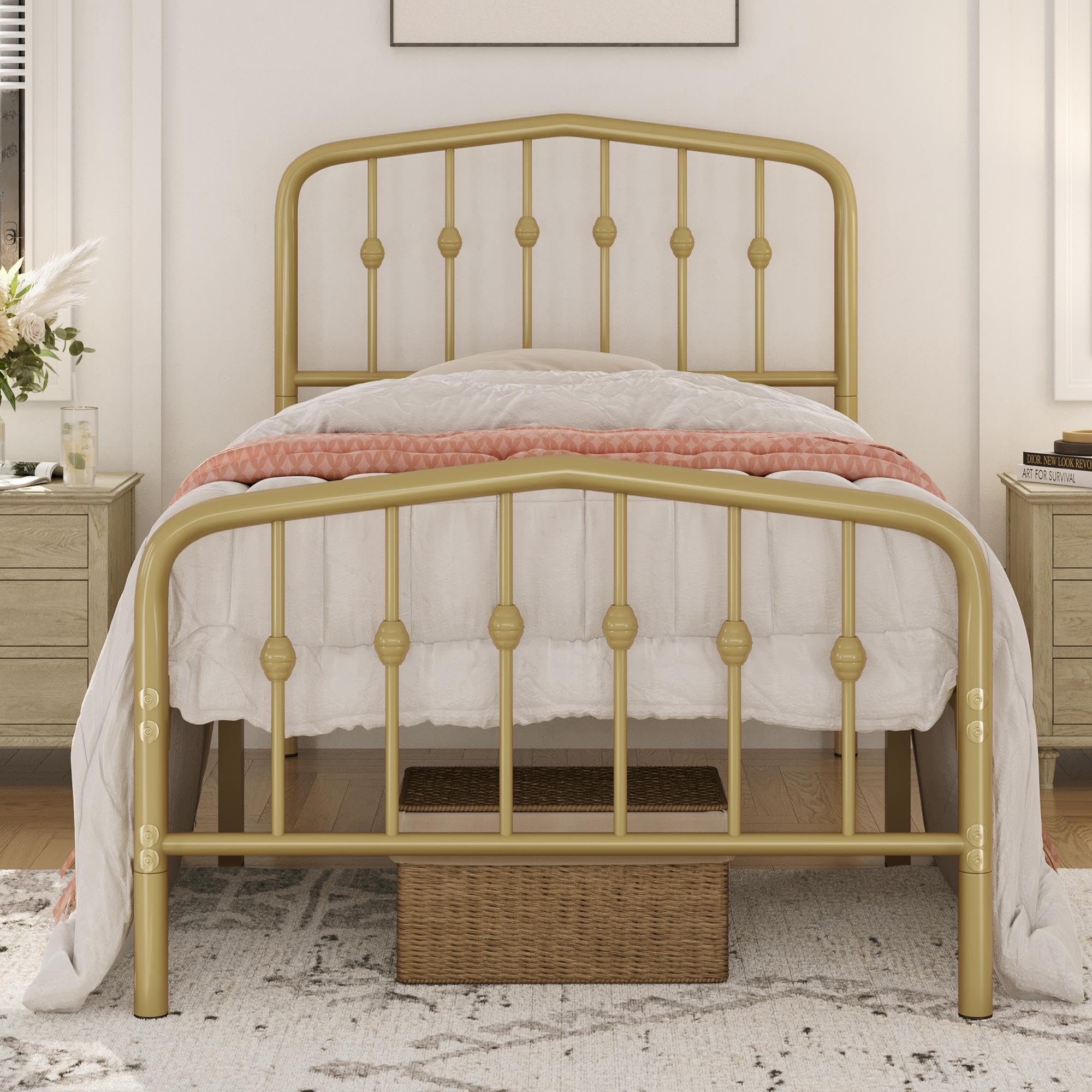 Yaheetech Metal Bed Frame Twin Size Metal Platform Bed Frame with Victorian Style Headboard/Footboard/Easy Assembly/No Box Spring Needed/Antique Gold