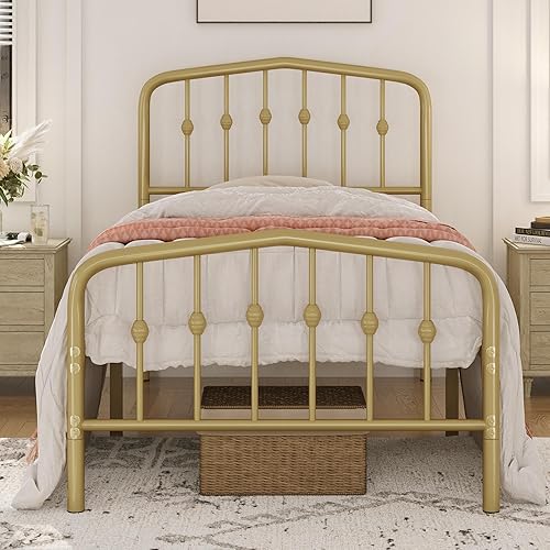 Yaheetech - Base de cama metálica de tamaño individual con plataforma de cama de metal con cabecero y estribo de estilo victorianoFácil montajeSin