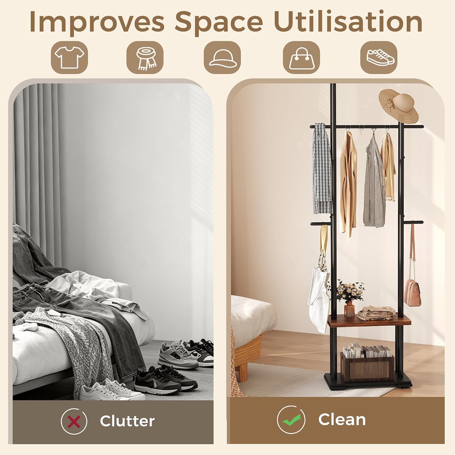 Small Coat Rack Stand, Adjustable Feet, 2 Storage Shelves 73.4”