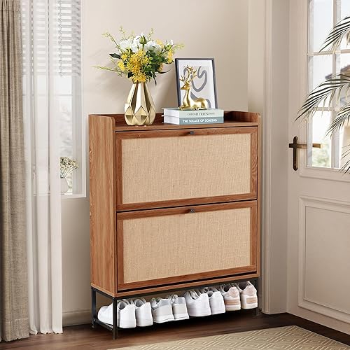 Miniatura 3 de LEVNARY Zapatero con 2 cajones abatibles, estantes estrechos de madera para zapatos, organizador de zapatos independiente oculto con patas de metal