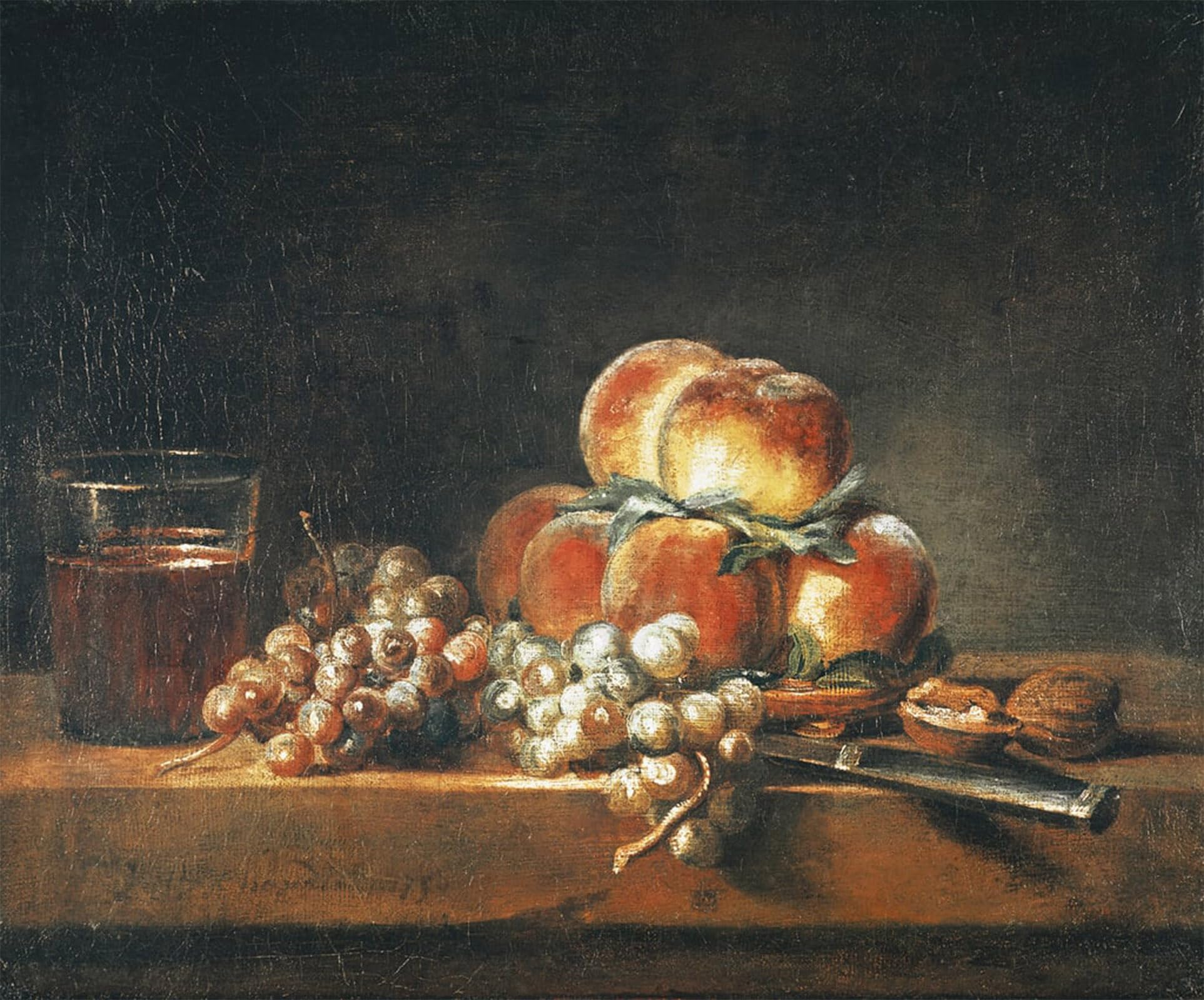 ARTXLXXBN Famous Print Painting Colorful Art Print Still Life of Peaches Nuts Grapes and a Glass of Wine by Jean Baptiste Simeon Chardin Canvas Art Decorations for Home Decor 60x90cm