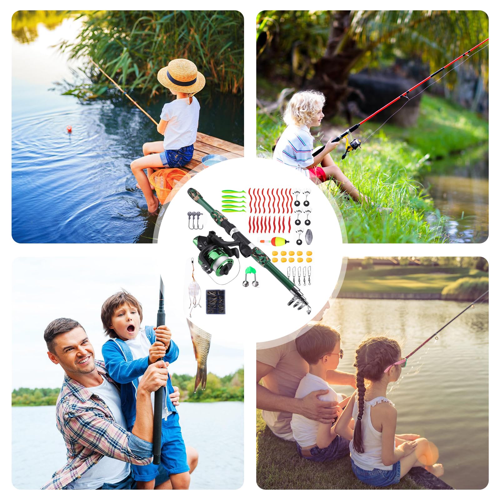 Kit de pêche complet pour enfants de 1,8 m avec moulinet et appât, canne à pêche télescopique en fibre de carbone et moulinet, accessoires de pêche pour enfants de 3 à 10 ans