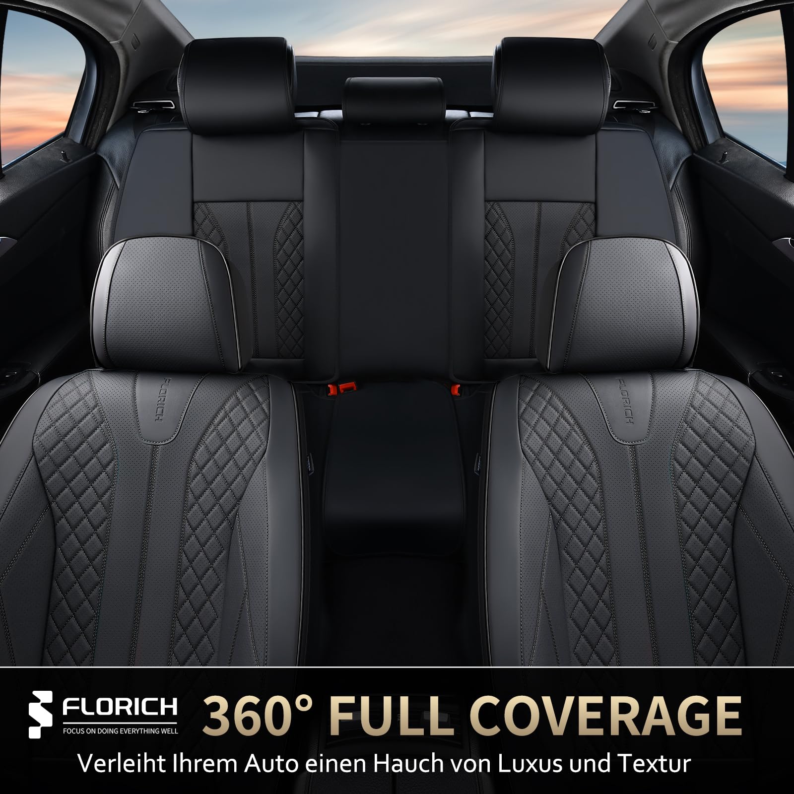 FLORICH Fundas Universales para Asientos de Coche para los Asientos Delanteros y Traseros, Fundas de Cuero Impermeables, Aptas para la Mayoría de Turismos, SUV (Juego Completo, Negro)