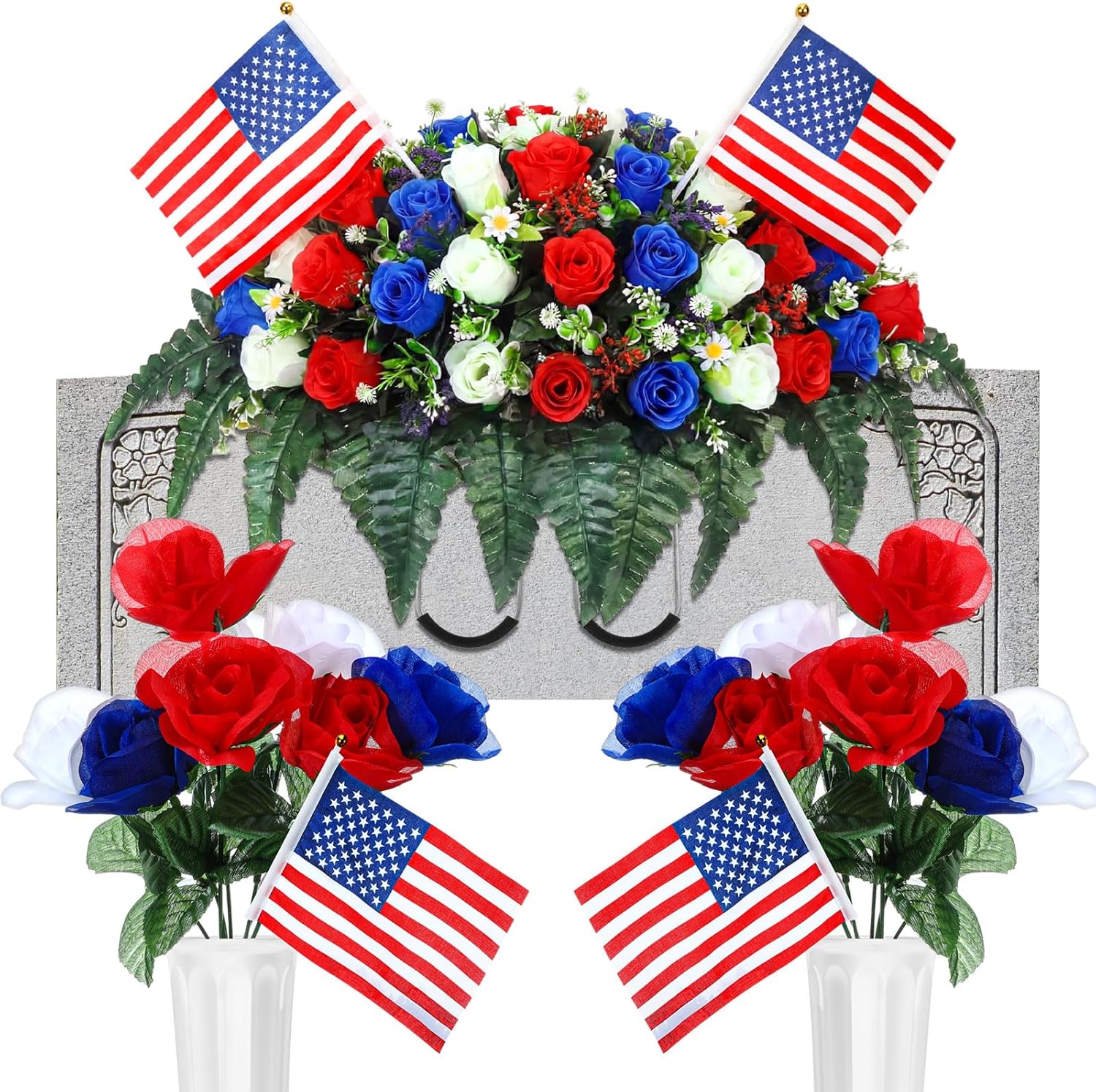 Giegxin 3 Pcs Memorial Day Headstone Flower Saddle Cemetery Flowers for Grave Red White Blue Rose Artificial Memorial Floral with Vase Patriotic Bouquets Outdoor Tombstone Decoration for Headstone