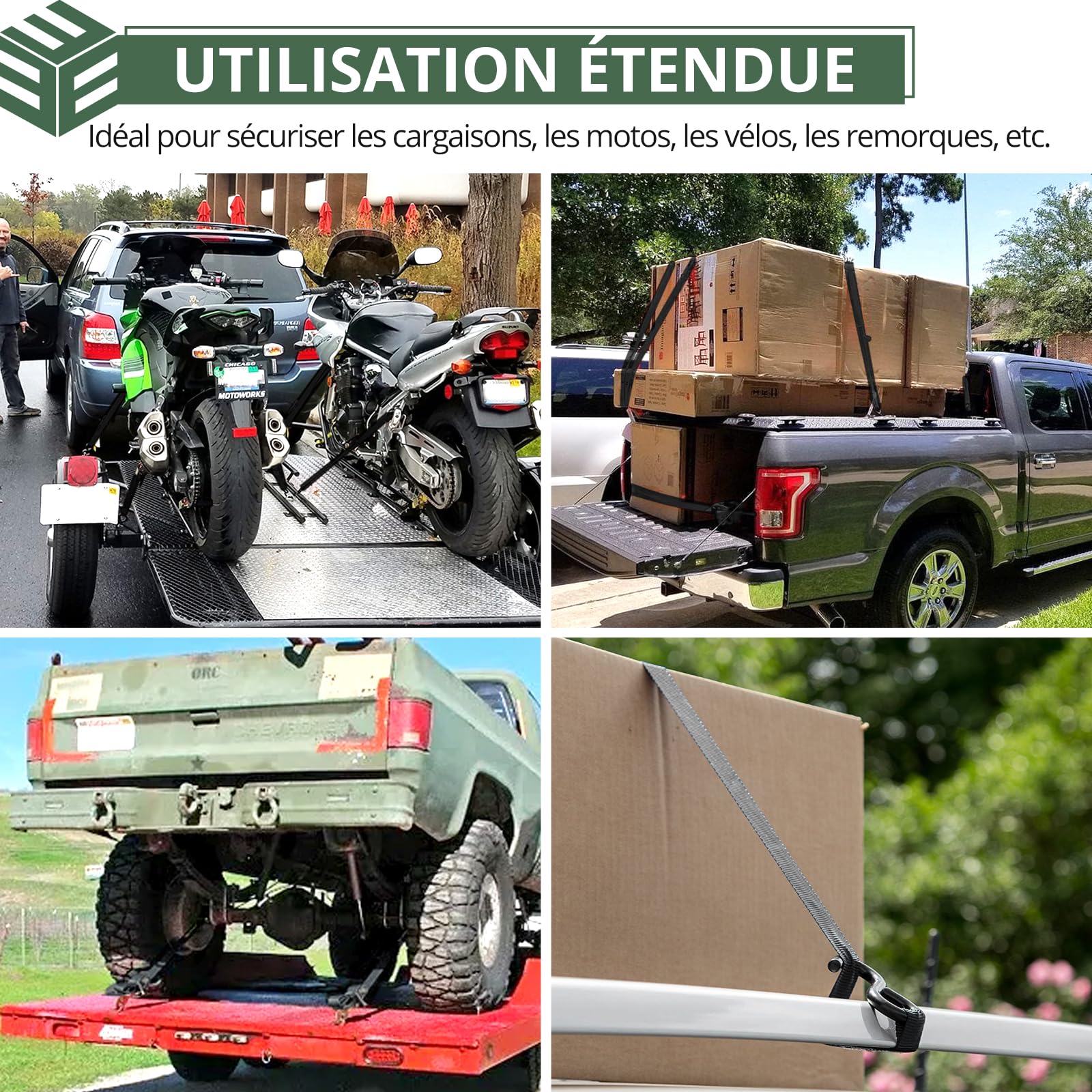 EYPINS 4 Pièces Sangle à Cliquet Auto-Rétractable avec Poignée 25mm x 3.3m,Capacité de Charge Directe 340kg,en U 680kg-Pour Remorque,Moto,Voiture Résistance aux UV et Usure Conforme en 12195-2