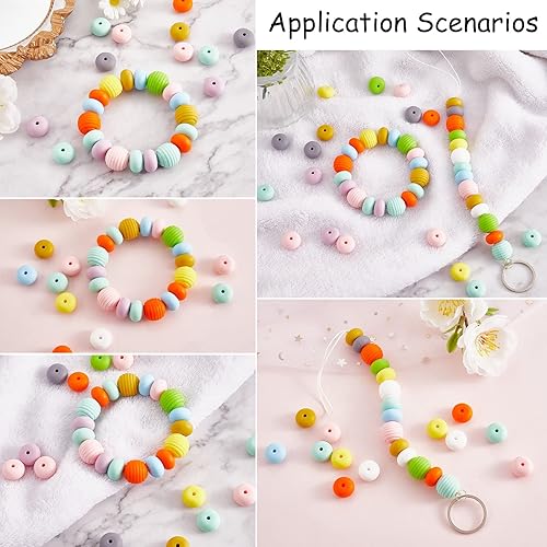 Miniatura 7 de 100 cuentas de silicona de 0.555 pulgadas (0.551 in), cuentas de goma con agujero grande, cuentas espaciadoras sueltas de colores para bricolaje,