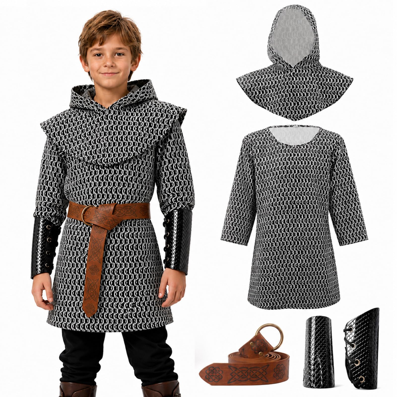 ILLOMEEGOOS Kids Chainmail Knight Costume Medieval Tunic Hood Belt Bracers Boys Armor Warrior Outfit for Halloween Cosplay Fancy Dress