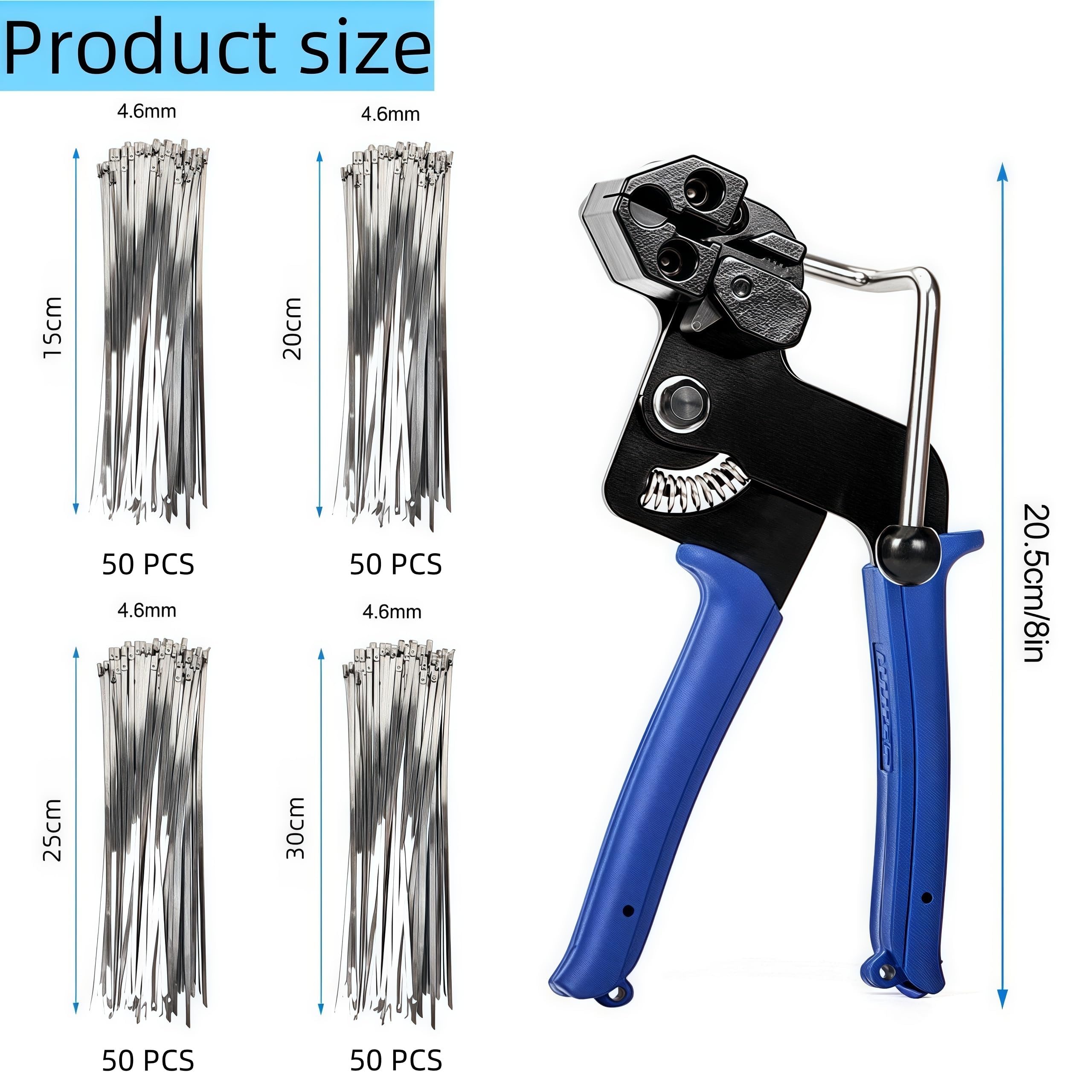 200 sztuk stali nierdzewnej opasek zaciskowych i pistolet do opasek metalowych, szczypce do opasek, opaski zaciskowe 150 mm/200 mm/250 mm/300 mm, narzędzie do opasek zaciskowych, pistolet do zaciskani