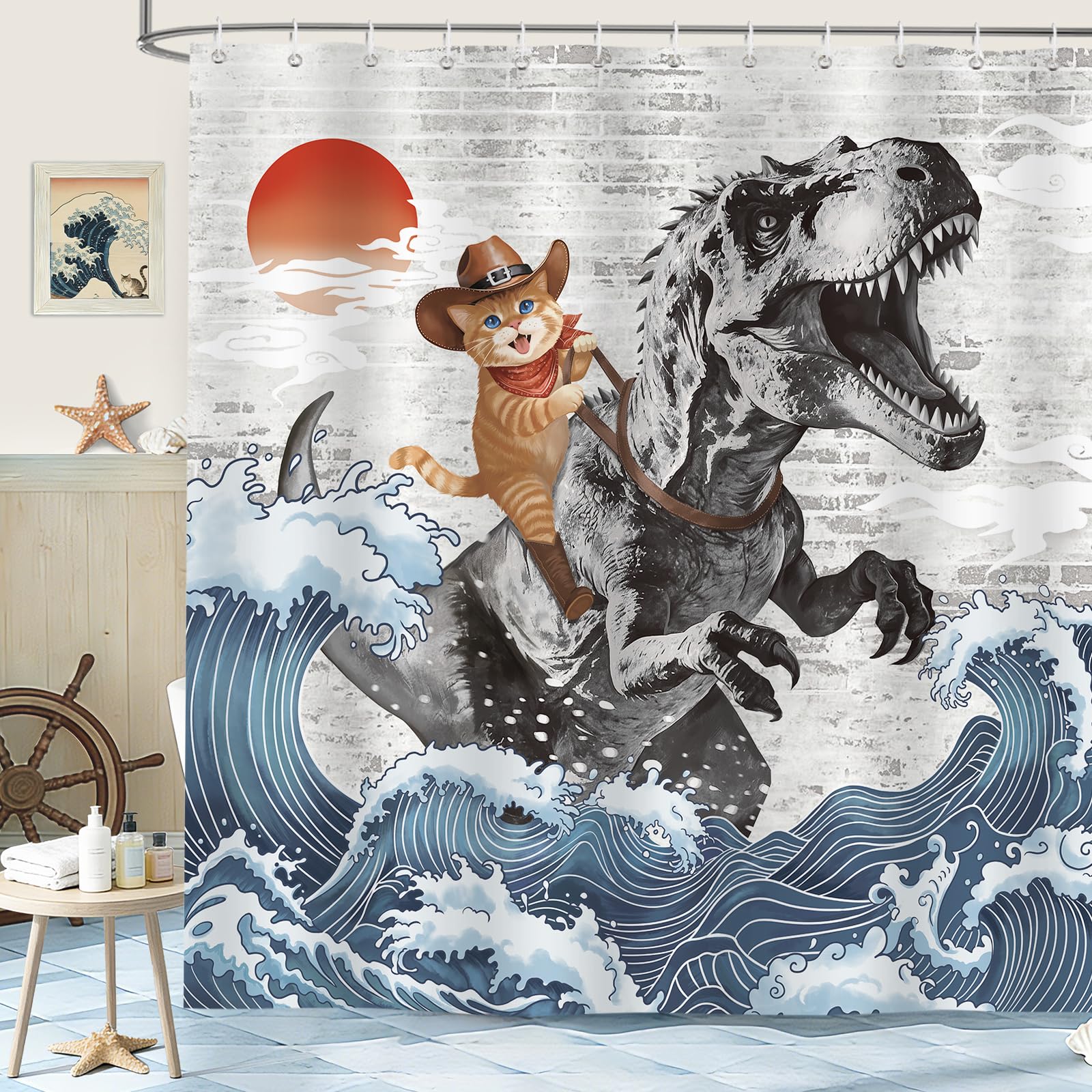 hometrixx Funny Cat Shower Curtain Dinosaur Ocean Wave Shower Curtains Accessories Set for Bathroom Decor Bathtub Light Weight Washable Waterproof Polyester Fabric with 12 Hooks 180x200cm