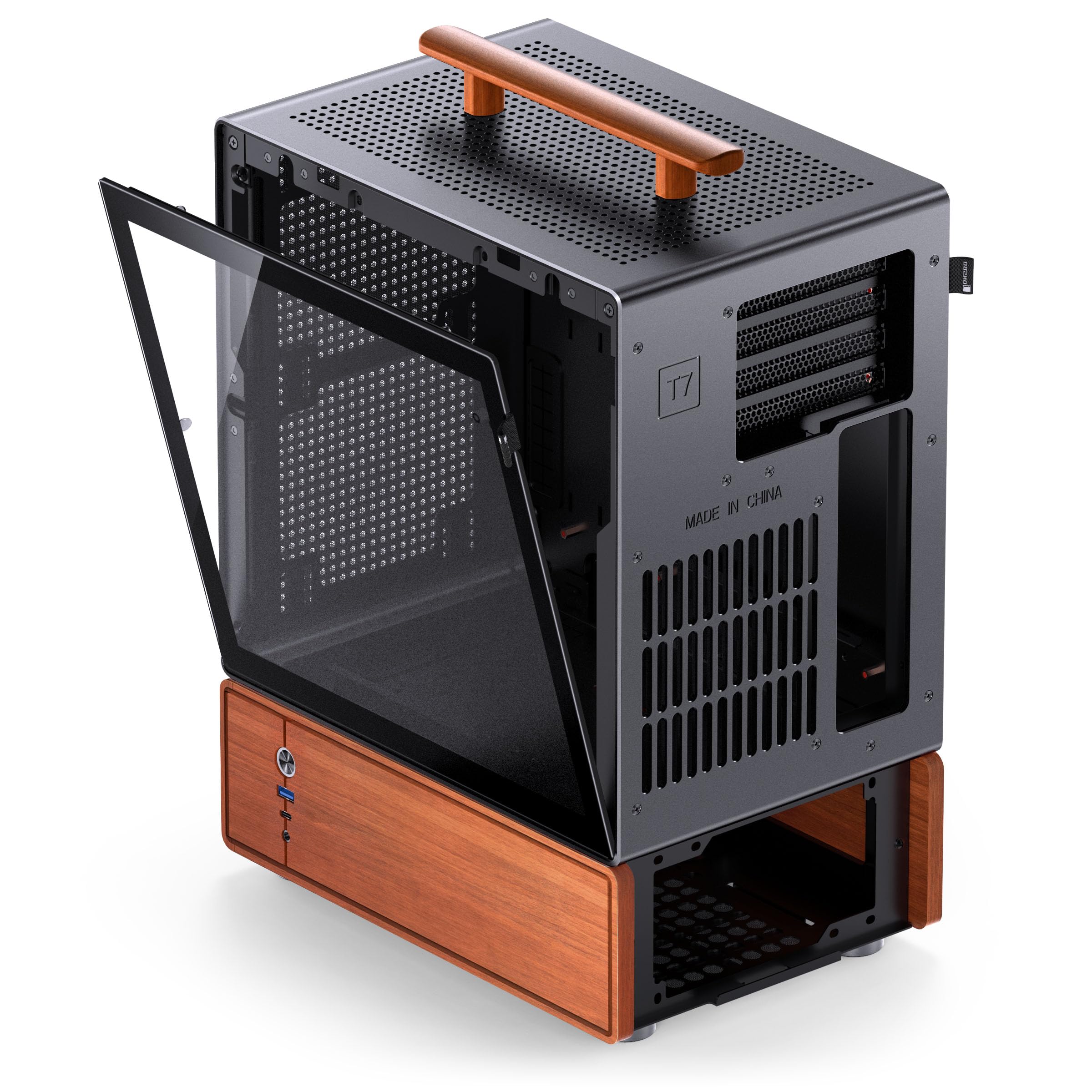 Jonsbo T7 Micro-ATX PC-Gehäuse – Schwarz | mATX Case mit Aluminium & Holzgriff, Tempered Glass, Zwei-Kammer-Design, USB-C