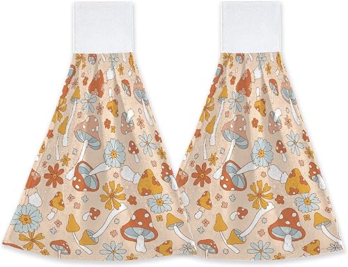 Juego de 2 toallas de mano retro de los años 70 y 60 con lazo, diseño floral de hongos hippie, toallas de secado rápido, toallas suaves de cocina