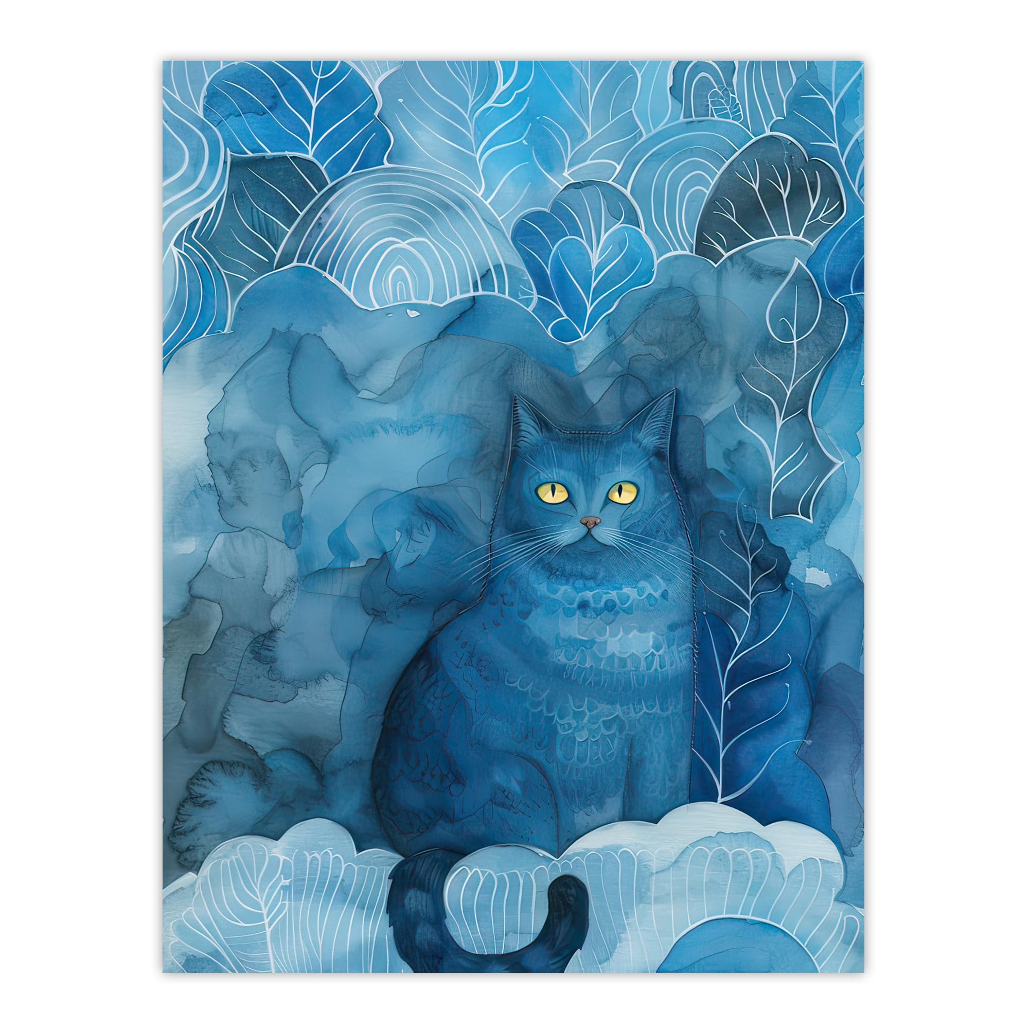 Moggie Cat Lover Nocturnal Blue Dream Watercolour Wall Art Print - W24 inch x H32 inch - Artery8