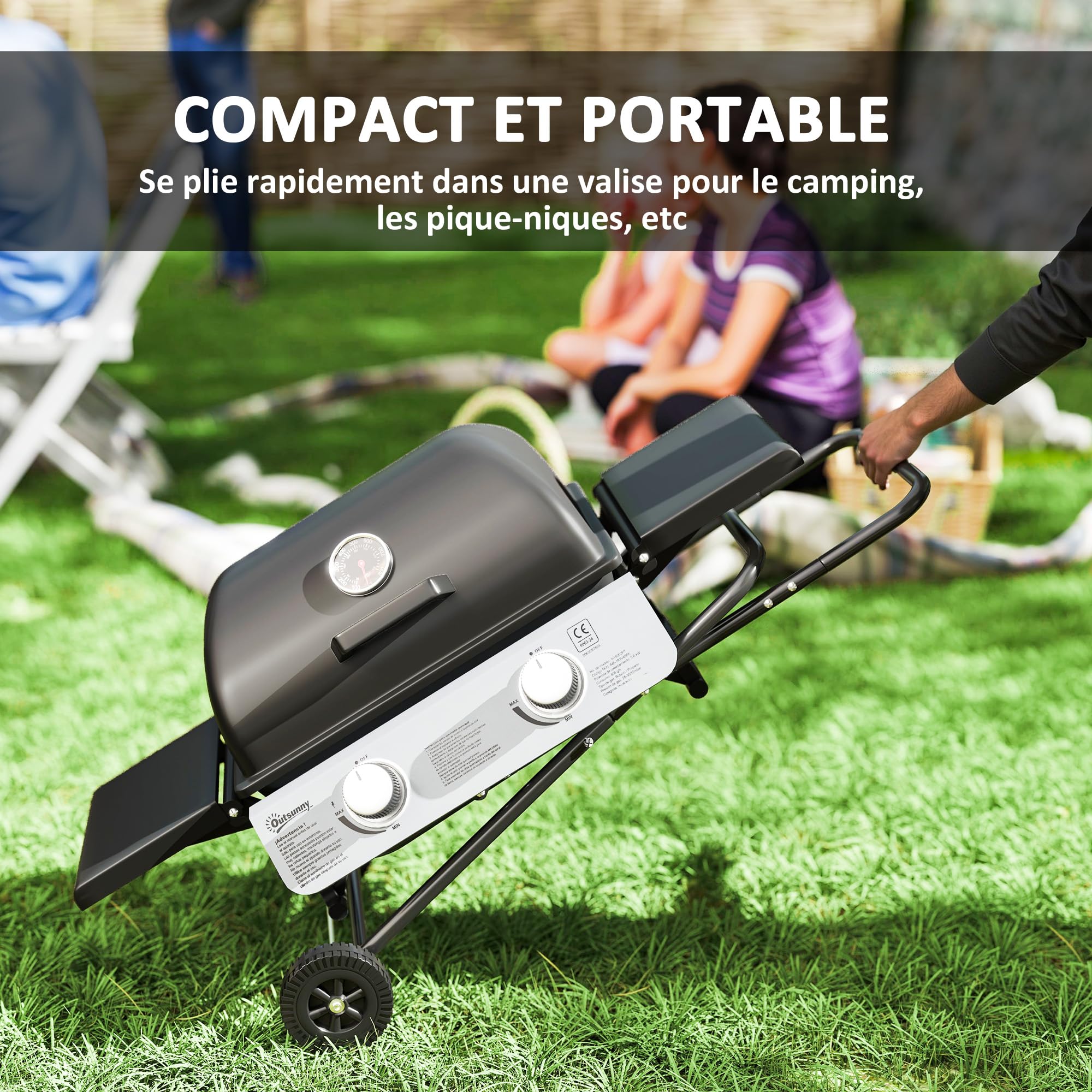 Outsunny Barbecue Gaz Transportable Pliable, 2 Brûleurs 5,6 kW, Barbecue Gaz de Camping avec Grille de Cuisson, Étagères Latérales, Couvercle, Thermomètre et Roues, pour Camping Jardin Balcon, Noir