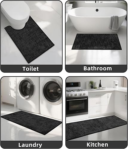 Miniatura 7 de YIHOUSE Juego de 3 alfombras de baño negras, antideslizantes, juego de 3 alfombras de baño de secado rápido, absorbentes, lavables, delgadas, para