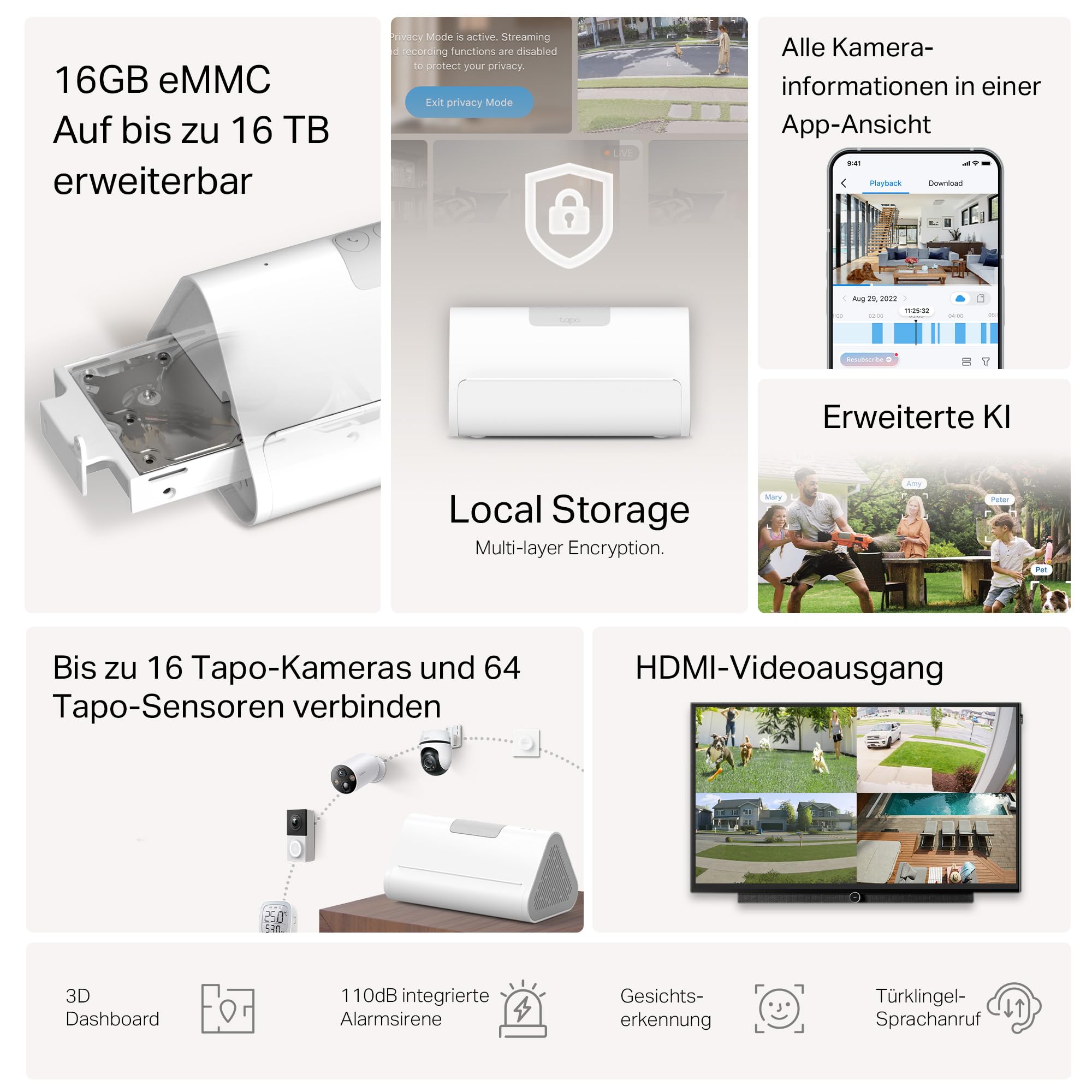 Tapo H500 CentralHub, 16GB integriert, Speicher erweiterbar auf bis zu 16TB, unterstützt 16 Kameras & 64 Sensoren, lokaler Speicher, HDMI, 5 GHz WLAN/Ethernet, integrierter Alarm, Matter