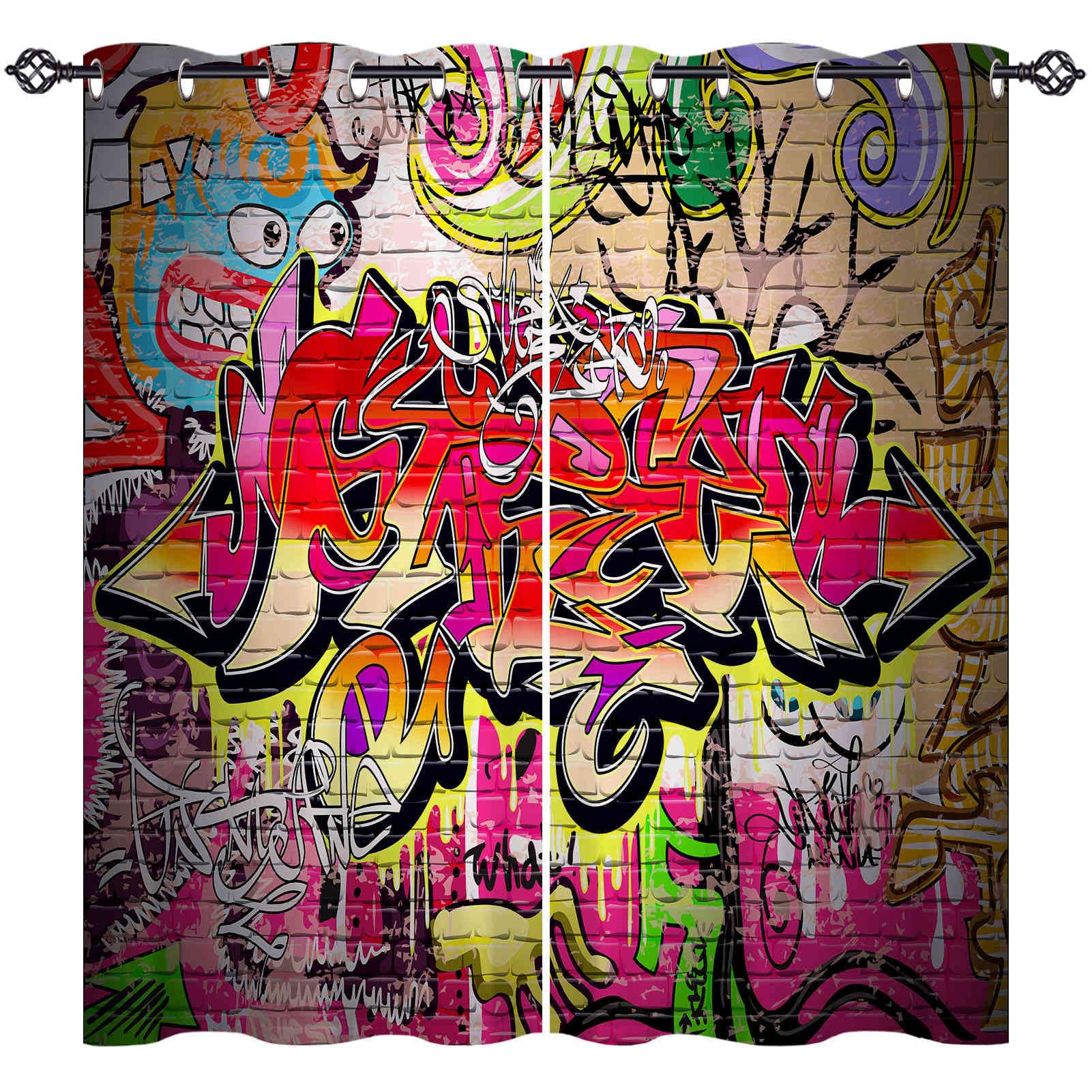 ANHOPE Graffiti Curtains Eyelet Thermal Insulated Blackout Curtains Colorful Urban Art Doodle Print Pattern Ring Top Drapes for Kids Boys Girls Bedroom Living Room 52 x 63 Inch Drop 2 Panels