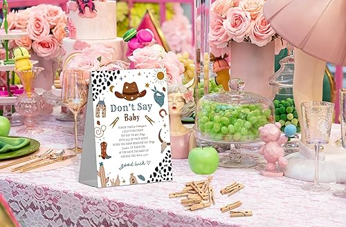 Miniatura 4 de Cartel de juego Don't Say Baby Game (1 letrero + 50 mini pinzas para la ropa), juego de vaquero para baby shower para decoraciones de fiesta de