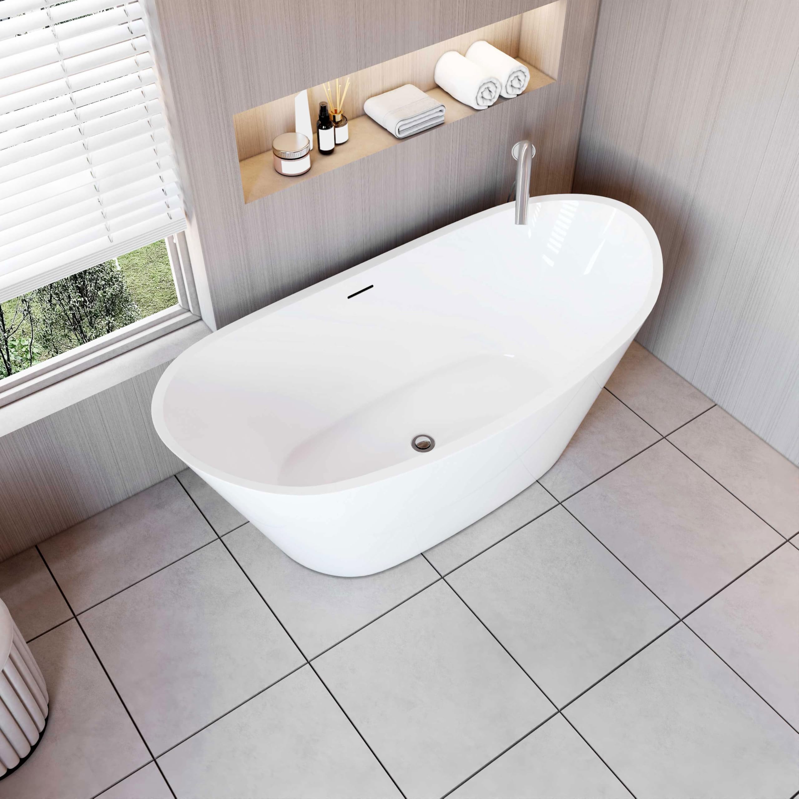 AICA Bañera exenta de acrílico lujosa y duradera - 1500x720x650mm - estilo ovalado - color blanco - incluye manguera + desagüe