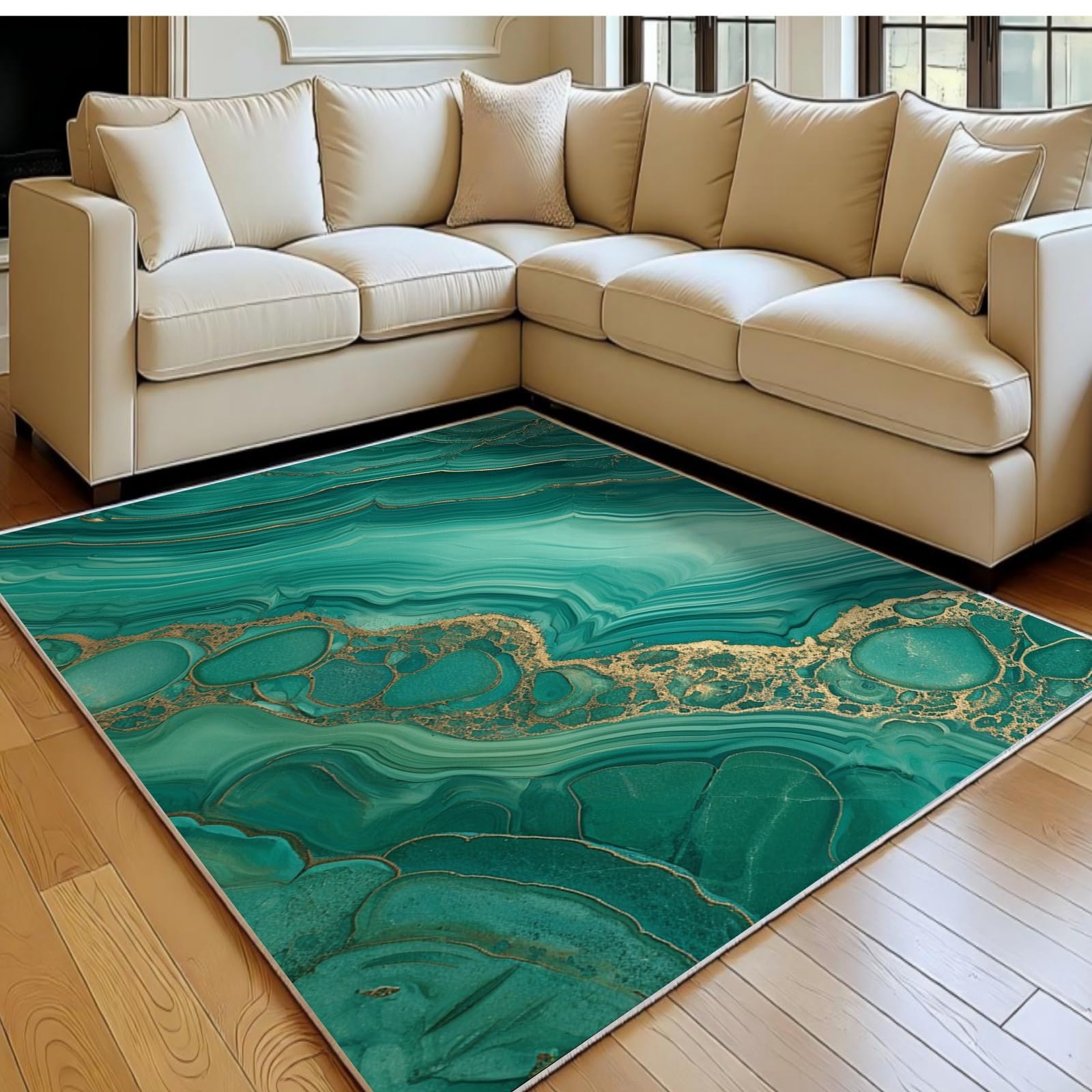 Tapis de salon 140x200 cm vert à motif ondulatoire grand format