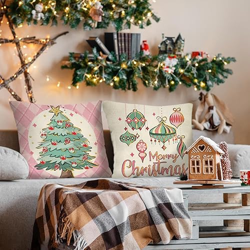 Miniatura 5 de Juego de 4 fundas de almohada decorativas con diseño de cascanueces de árbol de Navidad de 18 x 18 pulgadas, color rosa con diseño de cascanueces de
