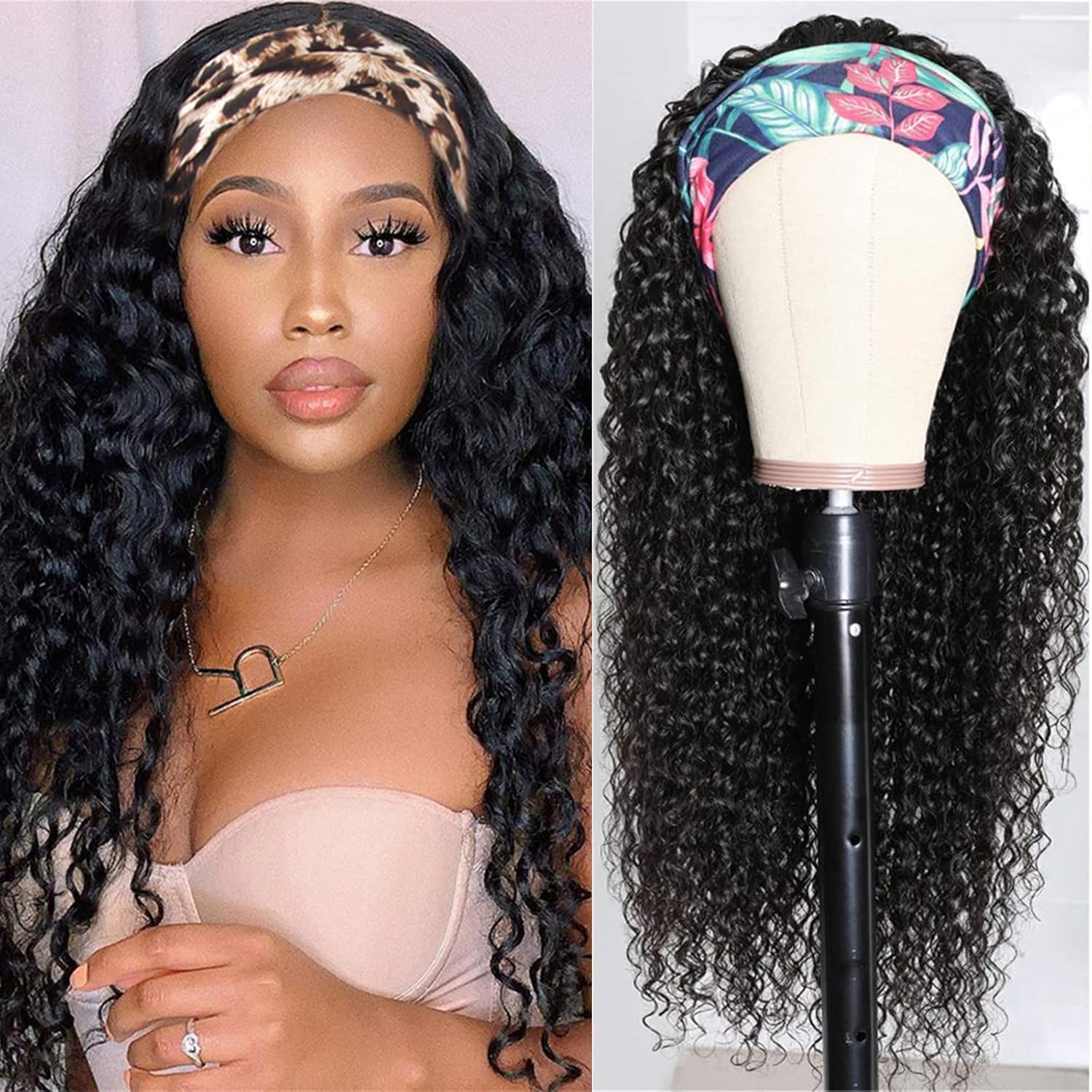 ALLRUN Headband Wig Human Hair Curly Headband Wigs for