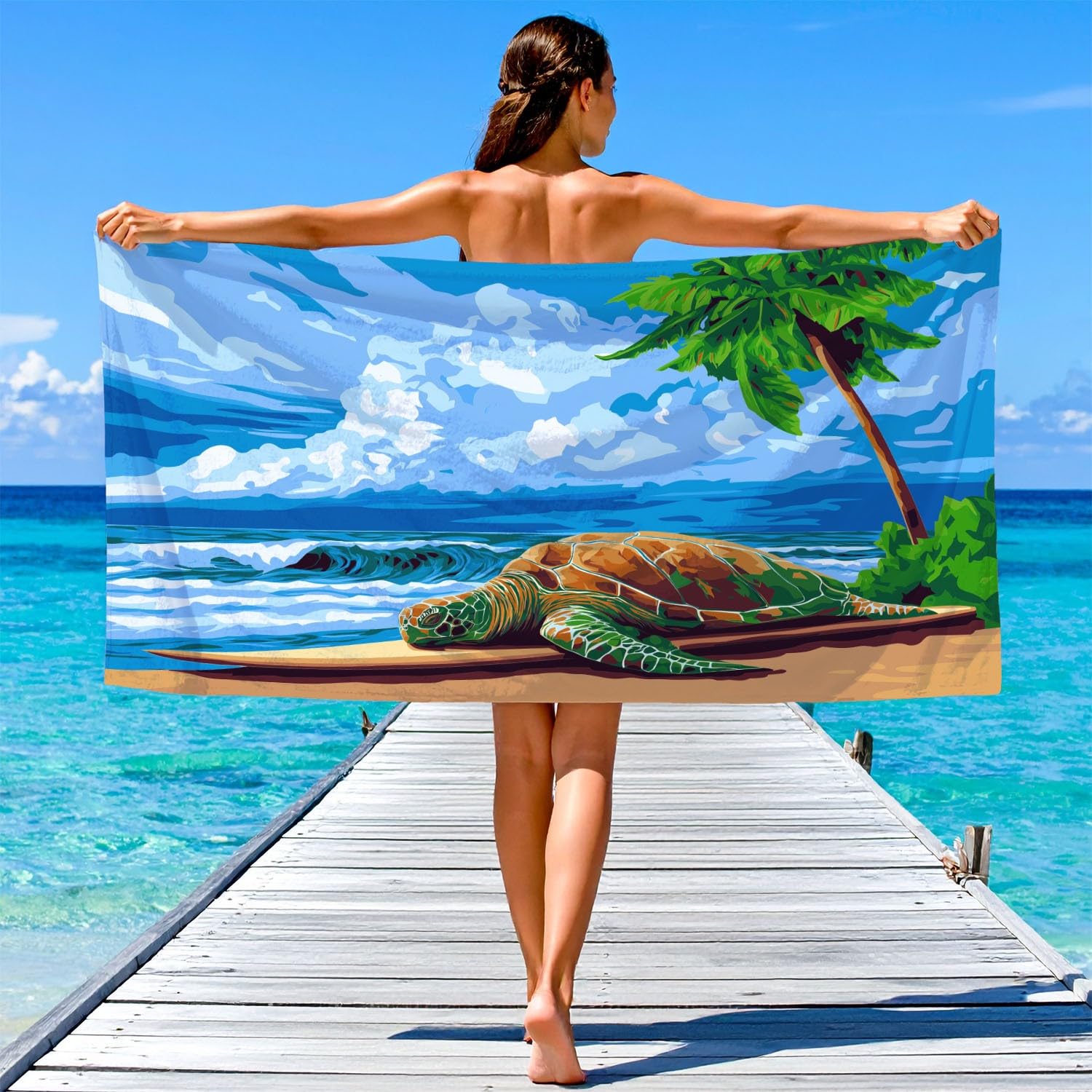 Cartoon, Strand, Sommer, Weiße Wolken Strandtuch 200 x 145 cm – Saugfähiges Schnell trocknendes Strandtuch Surfbretter, Meeresschildkröten, Blauer Himmel für Campen, Picknick, Ausflüge