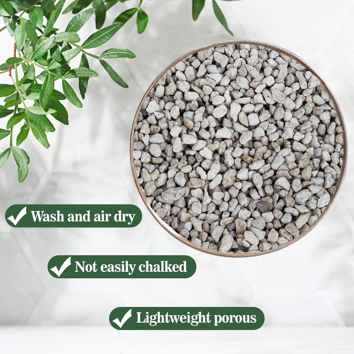 Close-up of pumice stones in a pot with text overlays 'Wash and air dry', 'Not easily chalked', 'Lightweight porous'